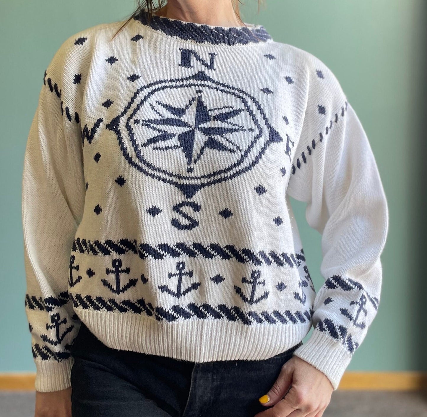 vtg 80s NAUTICAL SWEATER //  Ninon de lenclos navy compass sea ocean usn cute blue white print unisex femme style fit designer direction