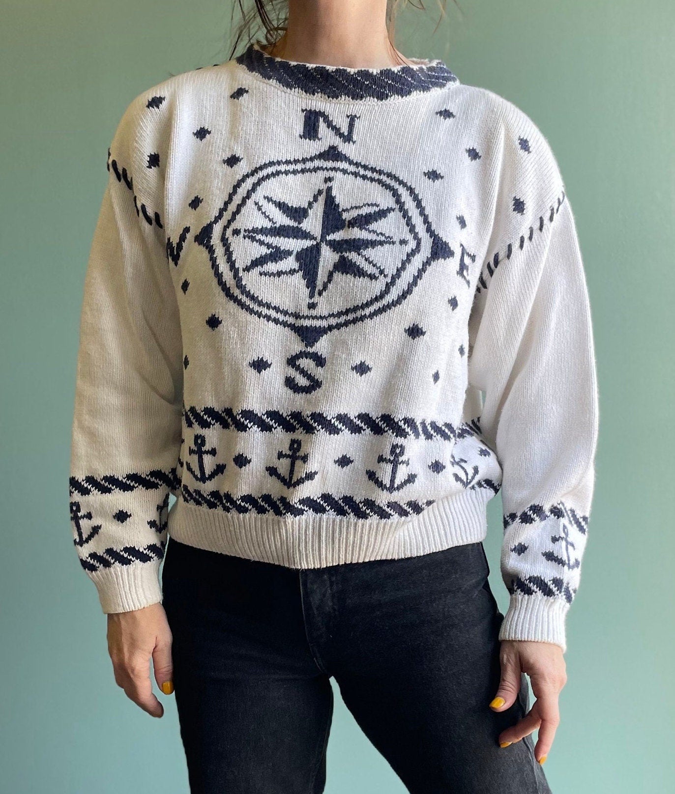 vtg 80s NAUTICAL SWEATER //  Ninon de lenclos navy compass sea ocean usn cute blue white print unisex femme style fit designer direction