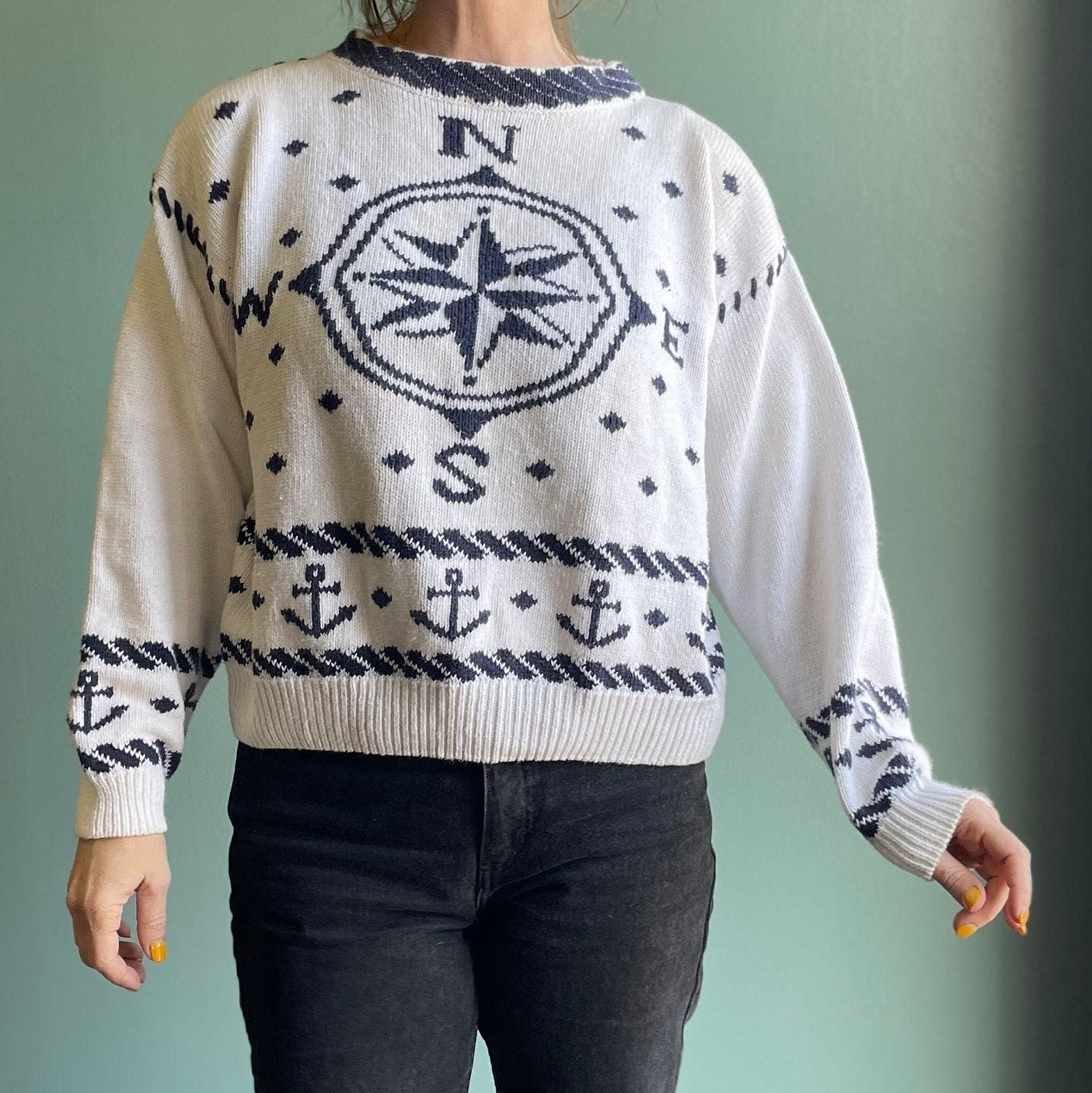 vtg 80s NAUTICAL SWEATER //  Ninon de lenclos navy compass sea ocean usn cute blue white print unisex femme style fit designer direction