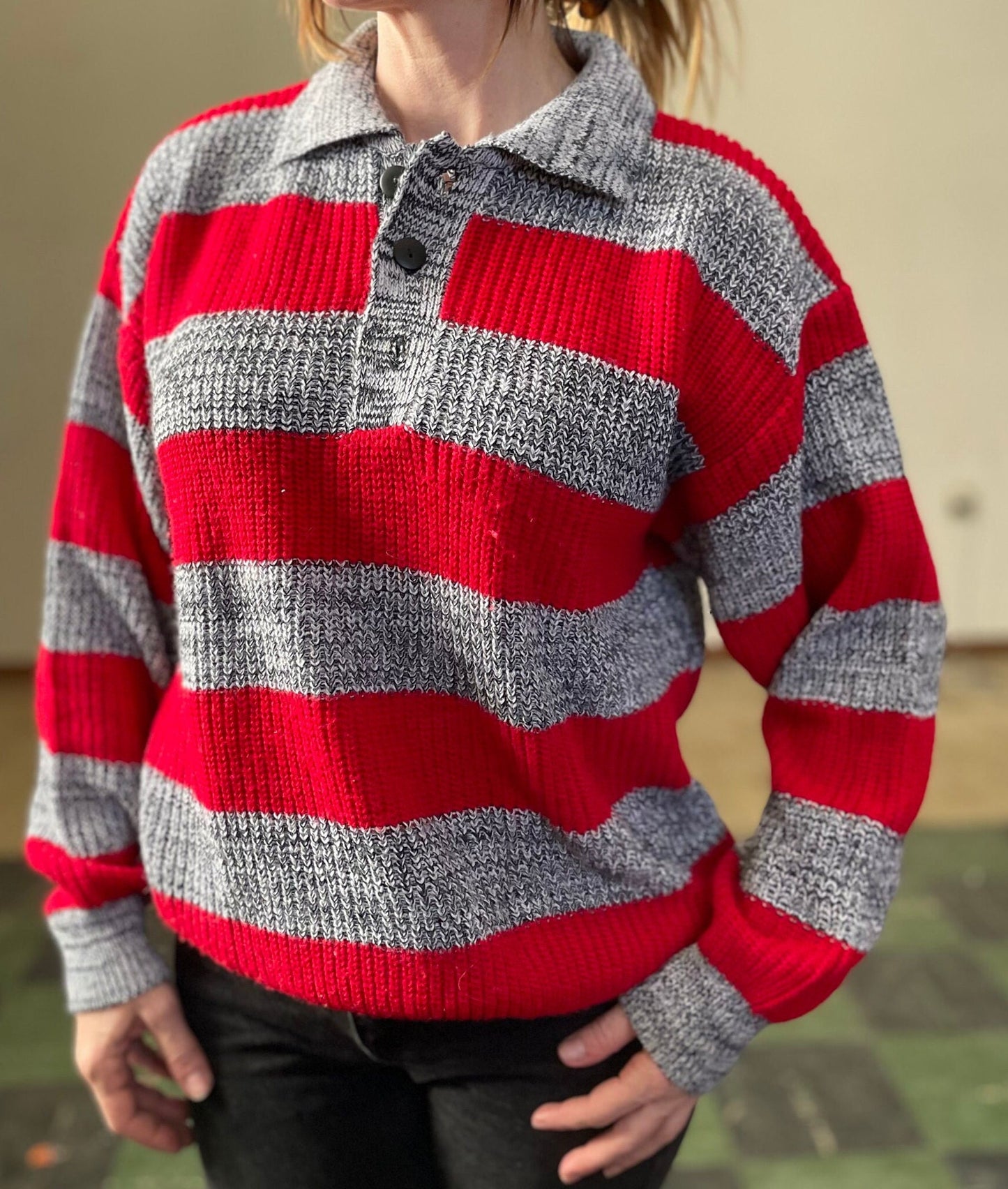 vtg 80s BIG STRIPED SWEATER // vintage slouchy collared button up 90s grunge womens large van heusen quarter button freddy krueger style top