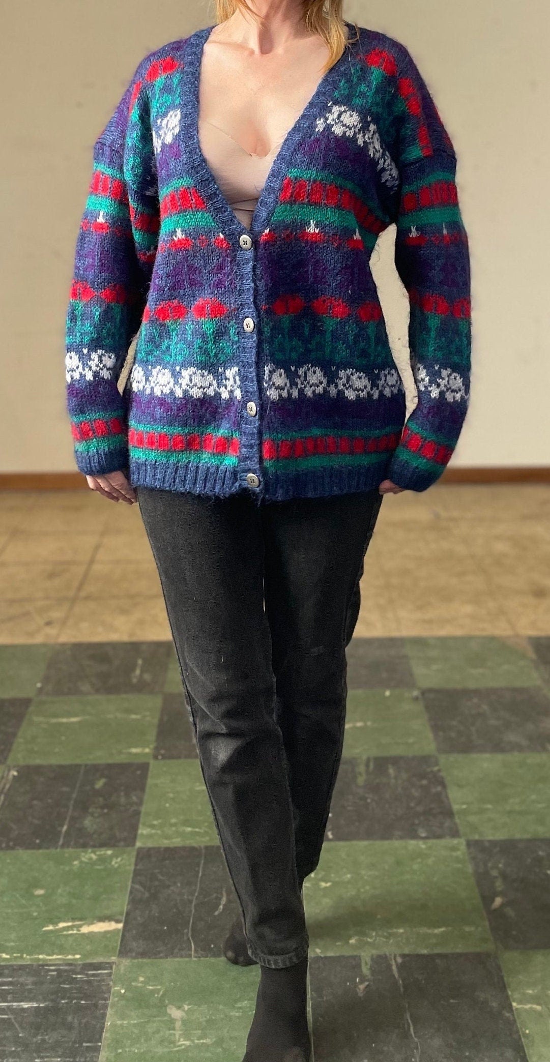 vtg 90s PATTERNED MOHAIR SWEATER // vintage paris sports club womens large fuzzy v neck buttons abstract print cardigan bright autumn style