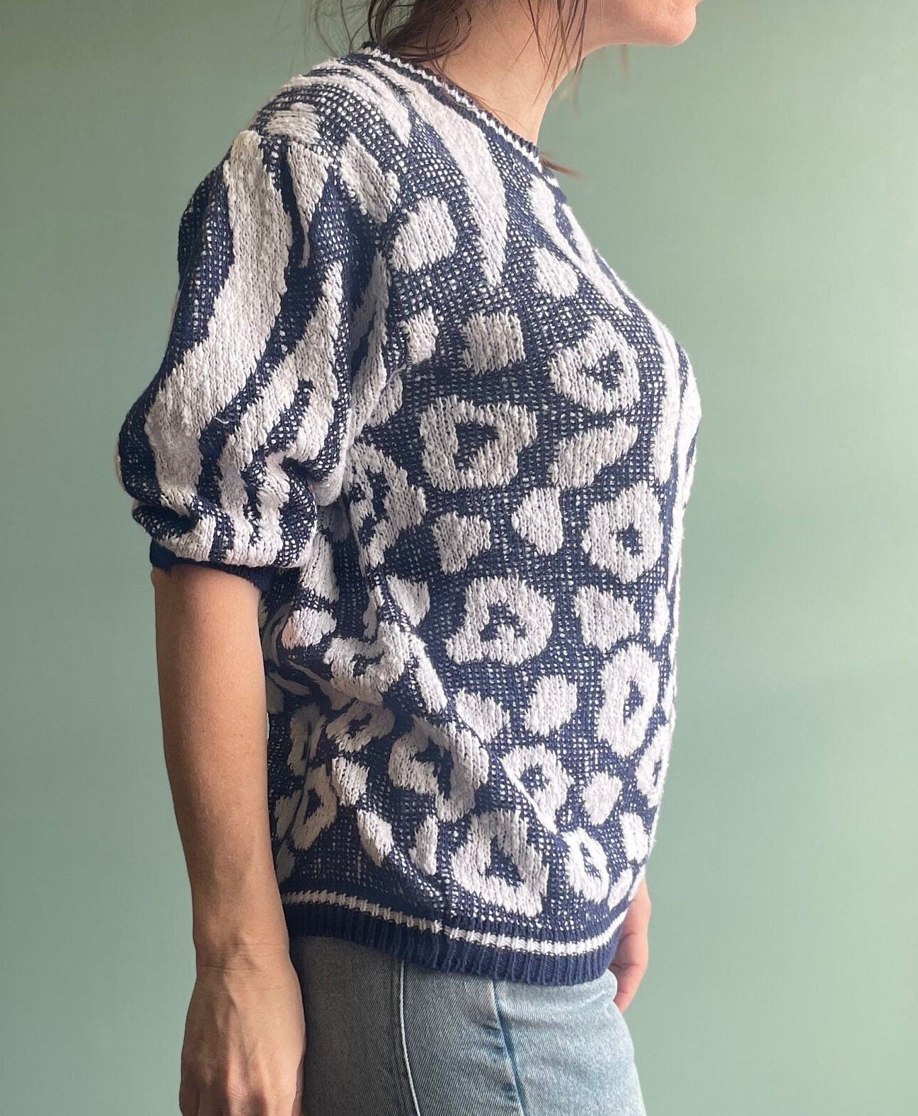 vtg 80s LEOPARD PRINT short sleeve SWEATER // Renee Tener Jeanne Pierre / 3D animal print shirt high society snob chettah cougar cat fight