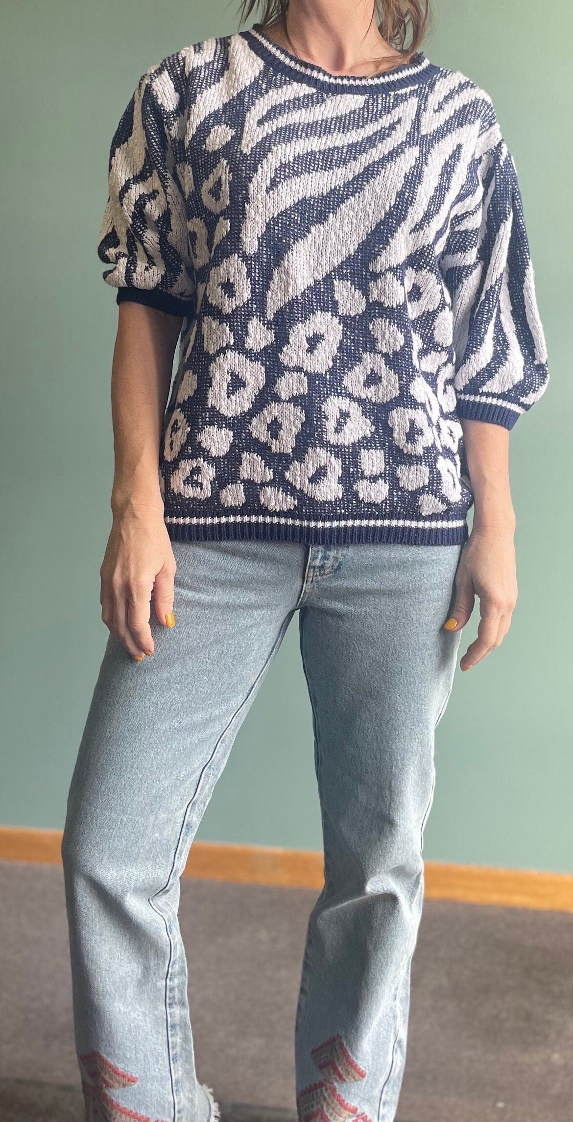 vtg 80s LEOPARD PRINT short sleeve SWEATER // Renee Tener Jeanne Pierre / 3D animal print shirt high society snob chettah cougar cat fight