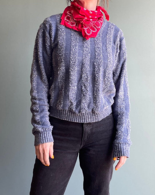 vtg 70s FUZZY STRIPED SWEATER blue /  Shaggy V Neck Cropped Two Tone Jumper preppy grunge stripes chunky ladies unisex vertical pattern