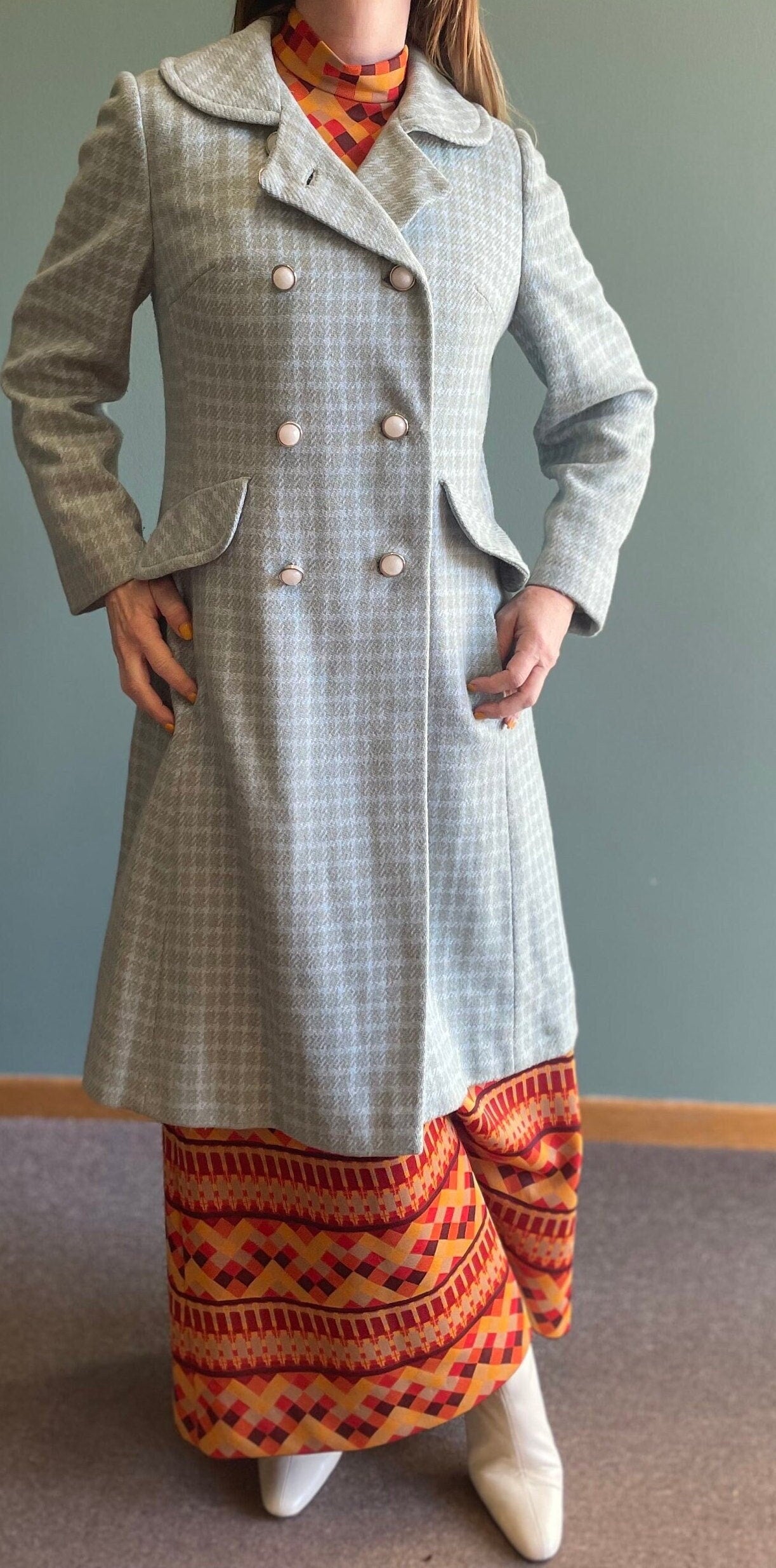 vtg 70s BLUE PLAID JACKET // butterfly pan collar long maxi coat  Lorendale mod peacoat Blair Waldorf preppy pastel blue checkered retro