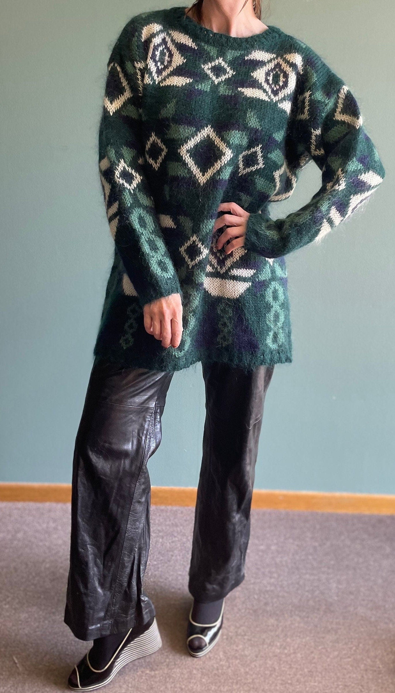 vtg 80s LONG MOHAIR SWEATER // vintage geometric pattern sweater dress green fuzzy oversized slouchy shaggy cozy autumn casual style sweater