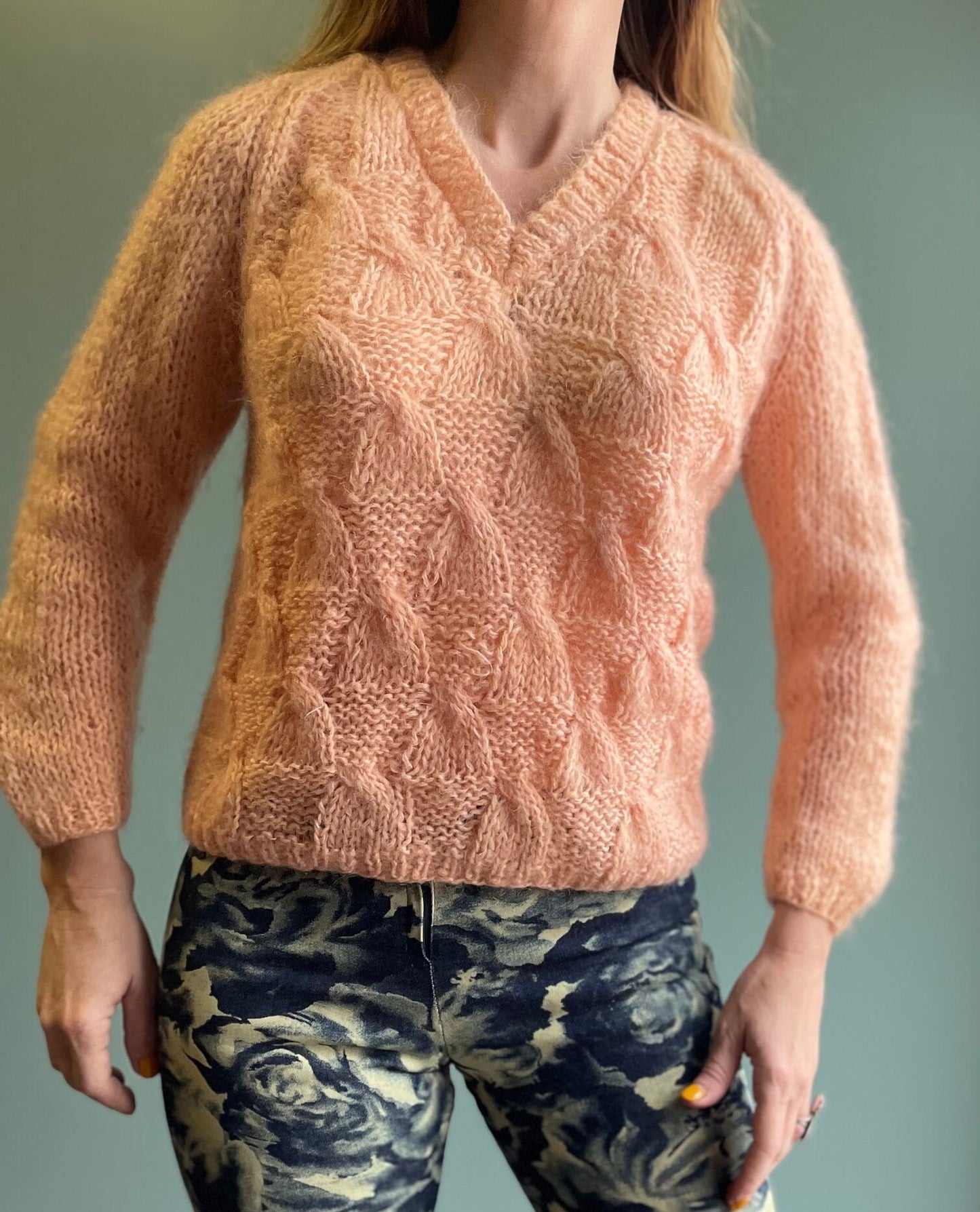 vtg 60s PINK MOHAIR SWEATER // V neck fuzzy pastel cable knit  pastel peach cozy warm wool autumn vibes barbie core coquette cute thick top