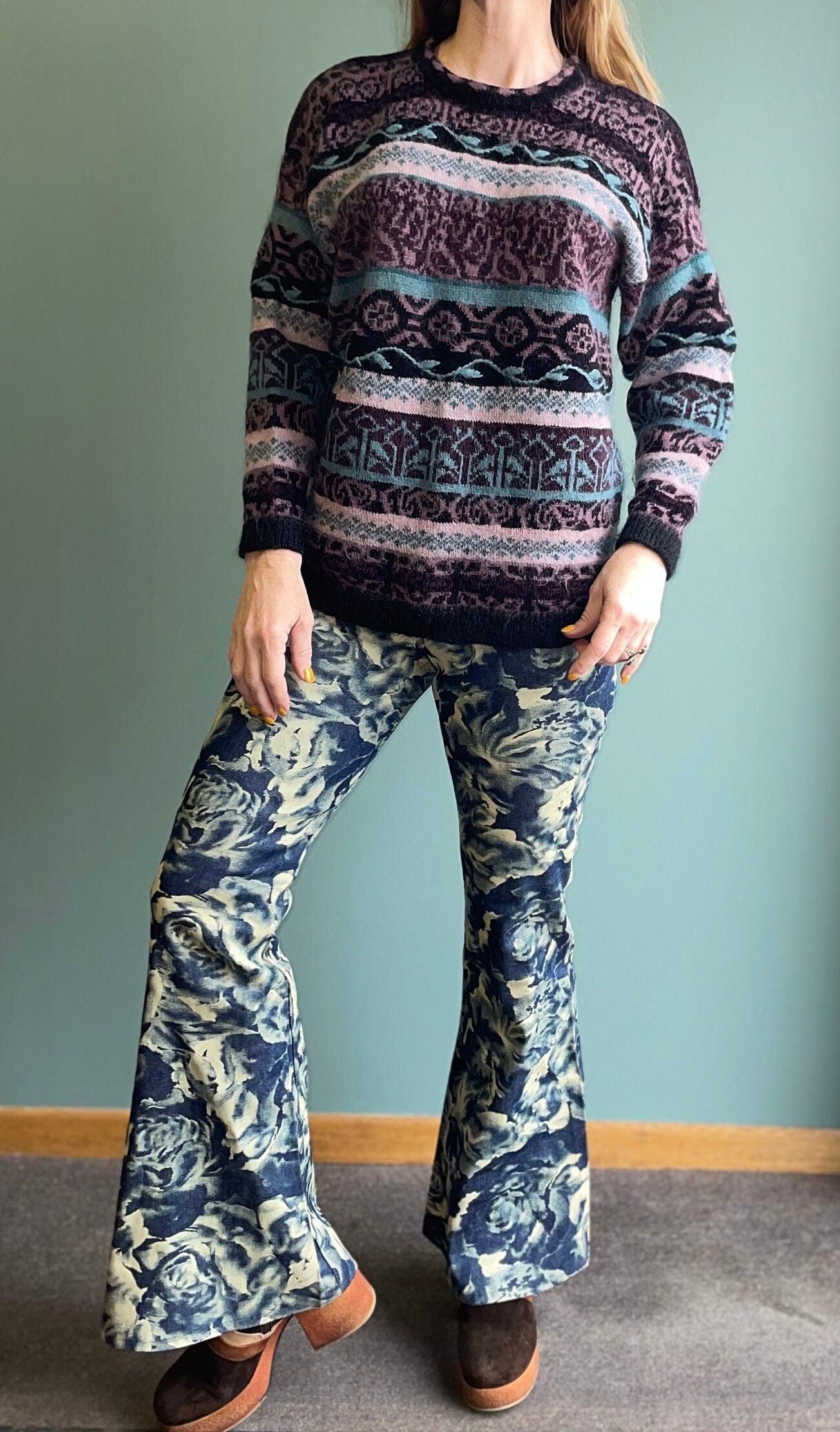 vtg 90s FUZZY SWEATER // abstract 3D print mohair fuzzy floral hand embroidered pastel contrast knit sweater purple roses warm winter jumper