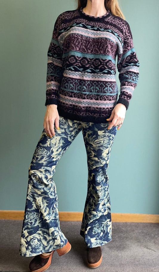 vtg 90s FUZZY SWEATER // abstract 3D print mohair fuzzy floral hand embroidered pastel contrast knit sweater purple roses warm winter jumper