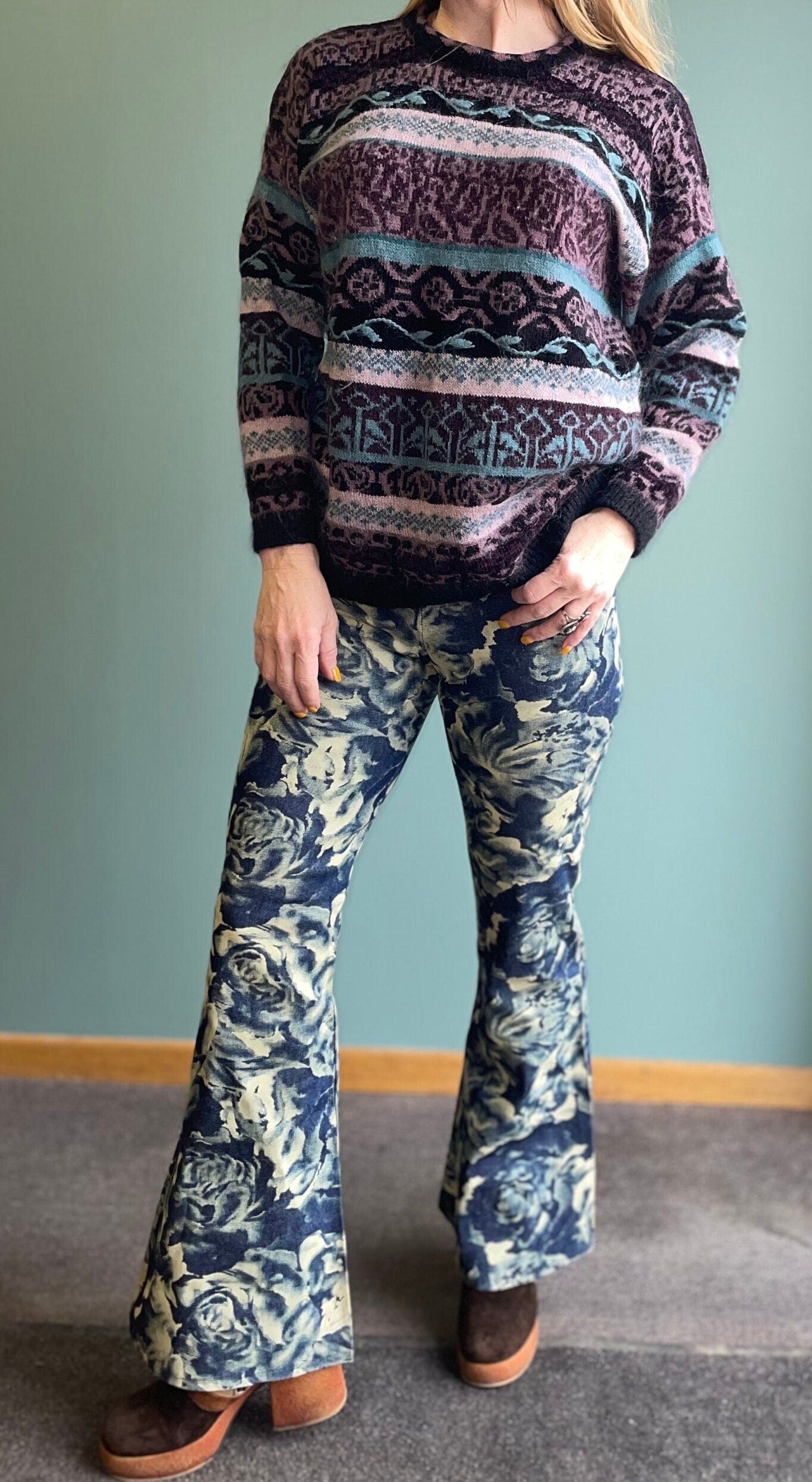 vtg 90s FUZZY SWEATER // abstract 3D print mohair fuzzy floral hand embroidered pastel contrast knit sweater purple roses warm winter jumper