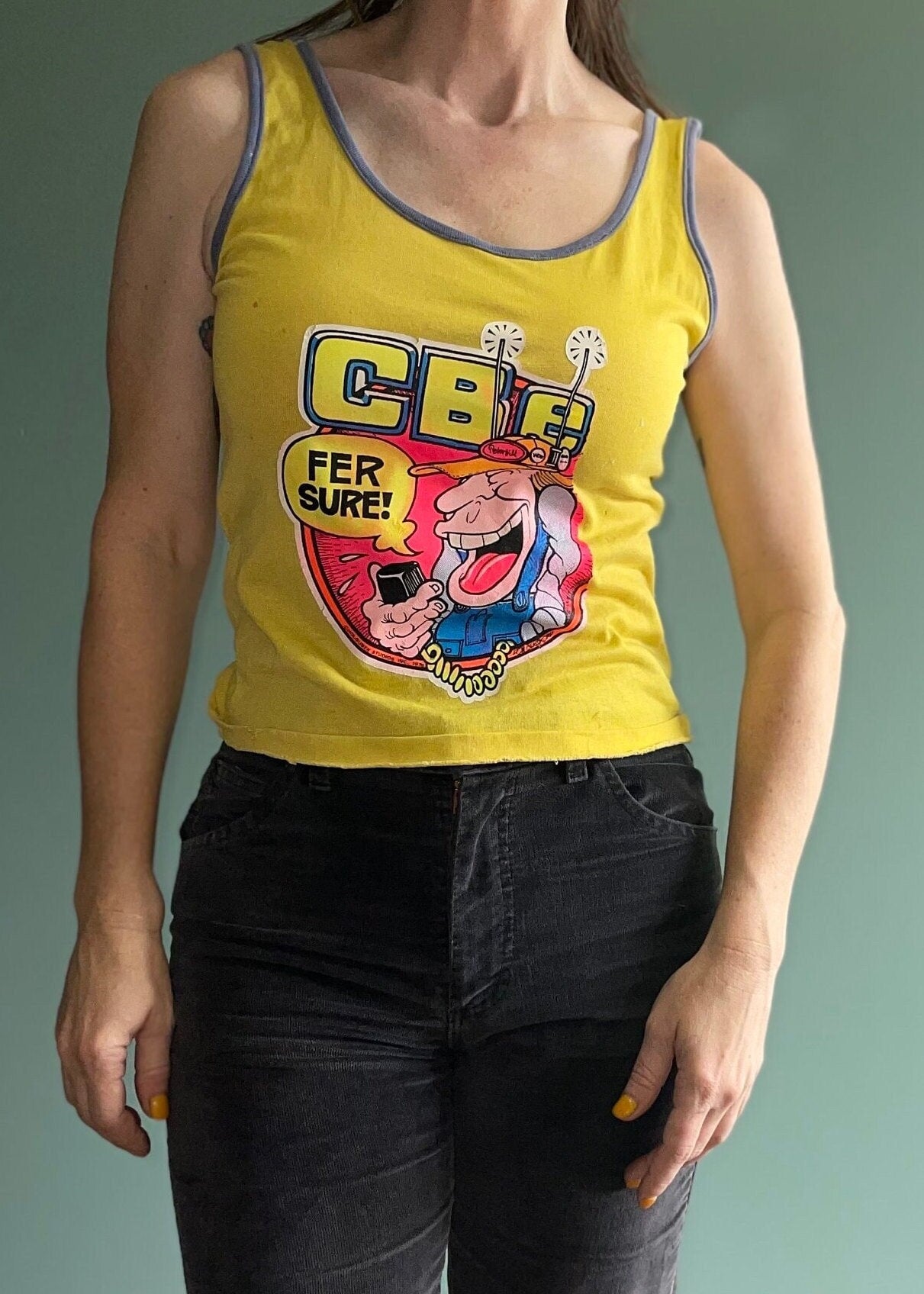 vtg 70s CB RADIO TRUCKER tank top // vintage iron on fer sure big rig code bear in the woods truck driver Holubek smokie bear 18 wheeler
