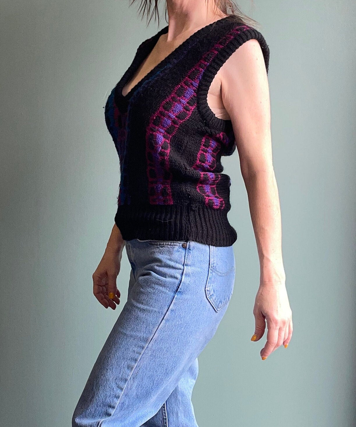 vtg 80s STRIPED SWEATER VEST / LeRoy abstract fuzzy multicolor layering top patterned knit sleeveless jumper fall autumn layers cute cropped