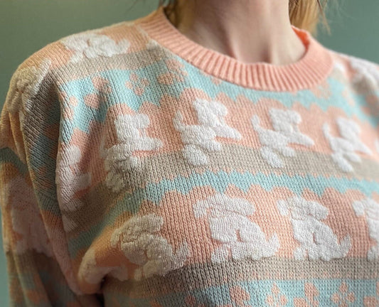 vtg 80s PASTEL POODLE SWEATER // all over print poodle cute puppy knit jumper kawaii animal baby pink adele spumoni pink coquette fairy kai