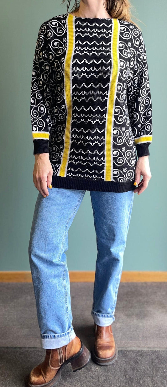 vtg 80s YELLOW STRIPED SWEATER // long sweater dress funky knit dress black & yellow abstract chunky bright fun winter autumn cozy oversized