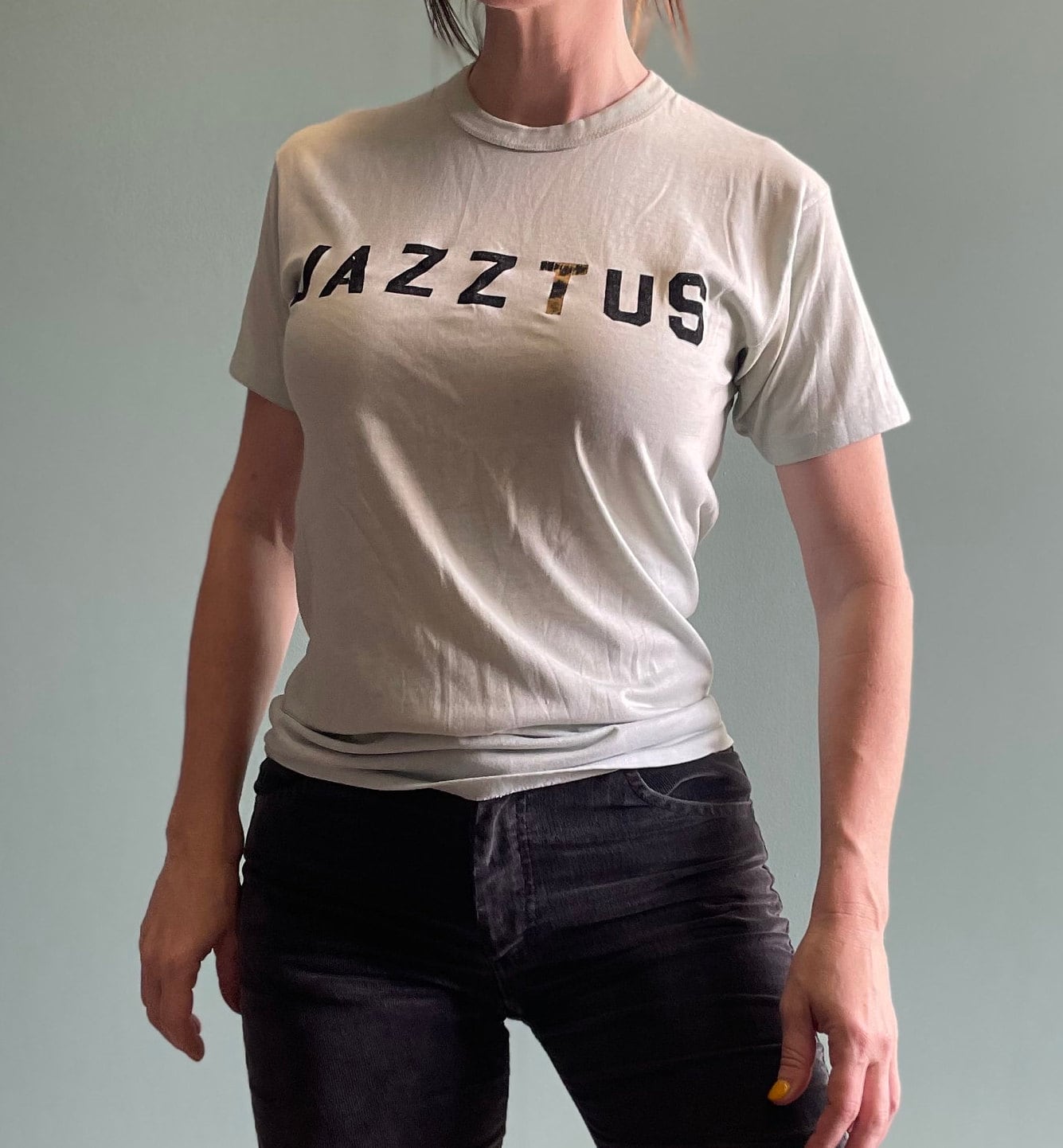 vtg 70s  JAZZTUS CAMP TEE // vintage ebert medium unisex iron on nickname retro kickball sports team player spell out letters slogan tee