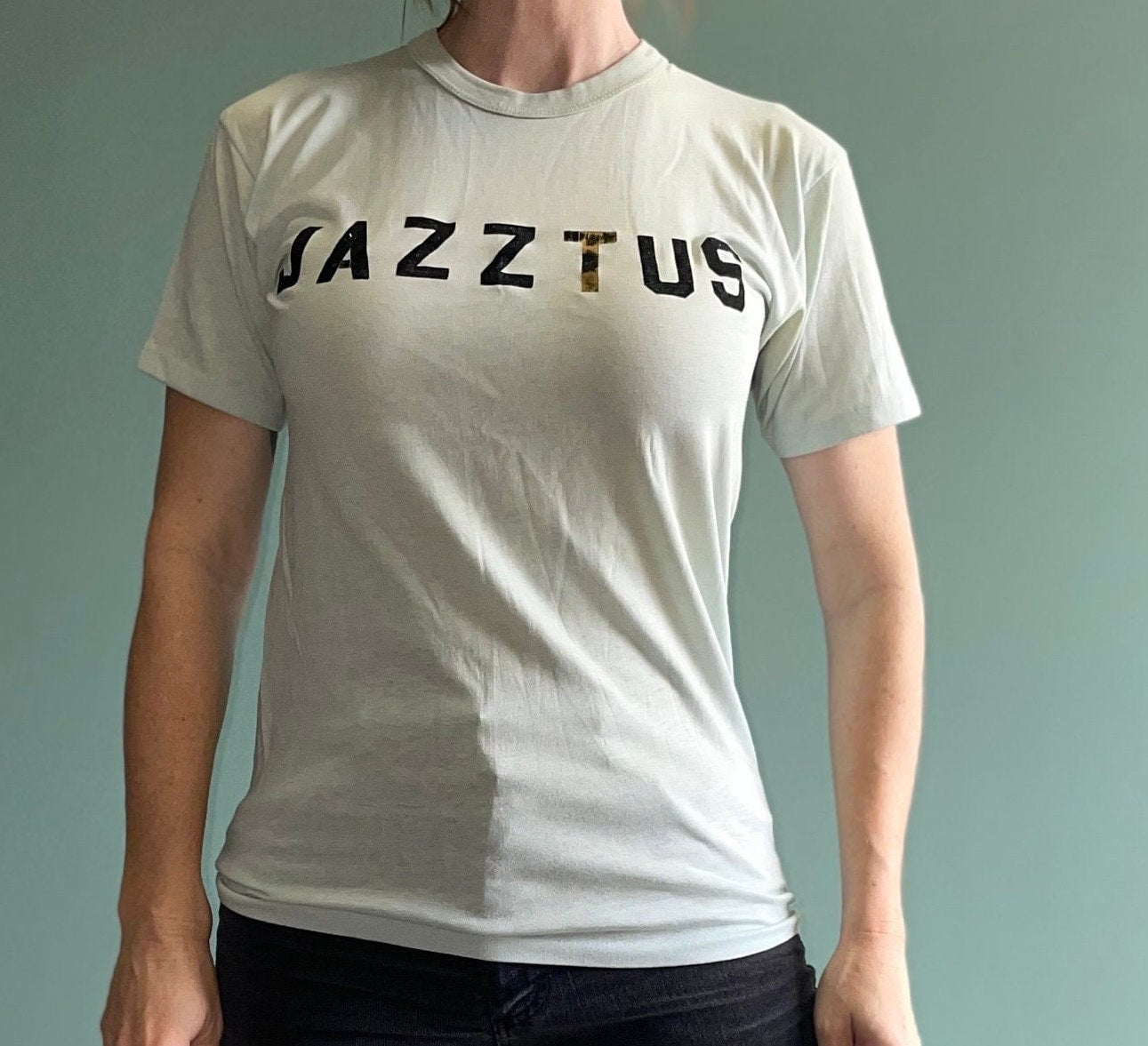 vtg 70s  JAZZTUS CAMP TEE // vintage ebert medium unisex iron on nickname retro kickball sports team player spell out letters slogan tee