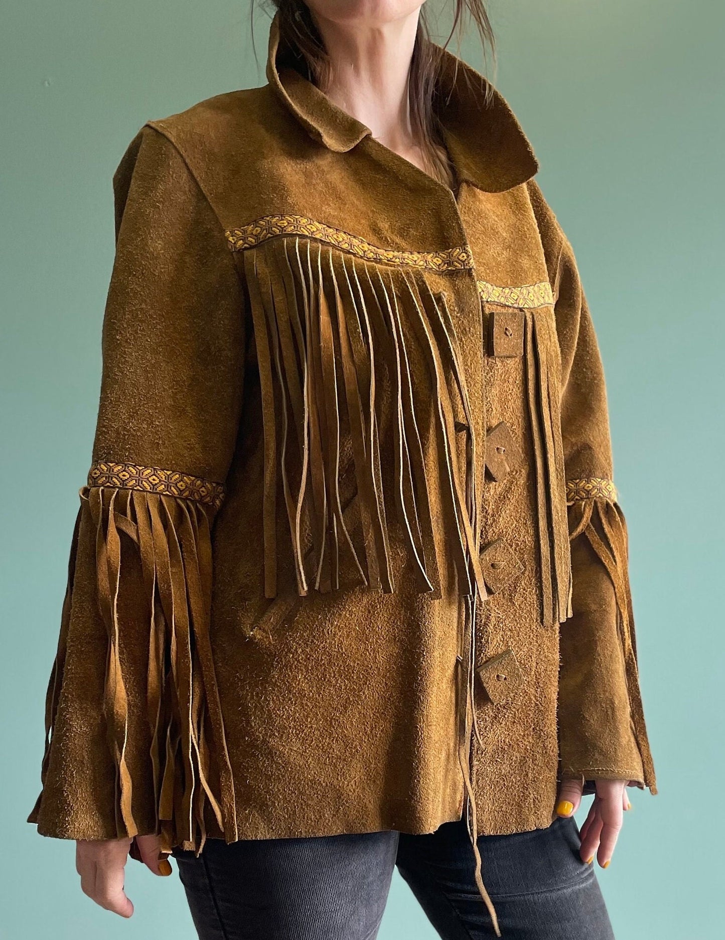 vtg 70s SUEDE FRINGE JACKET // vintage tapestry embroidered brown leather fringe hippie western boho davy crockett buckskin easy rider biker