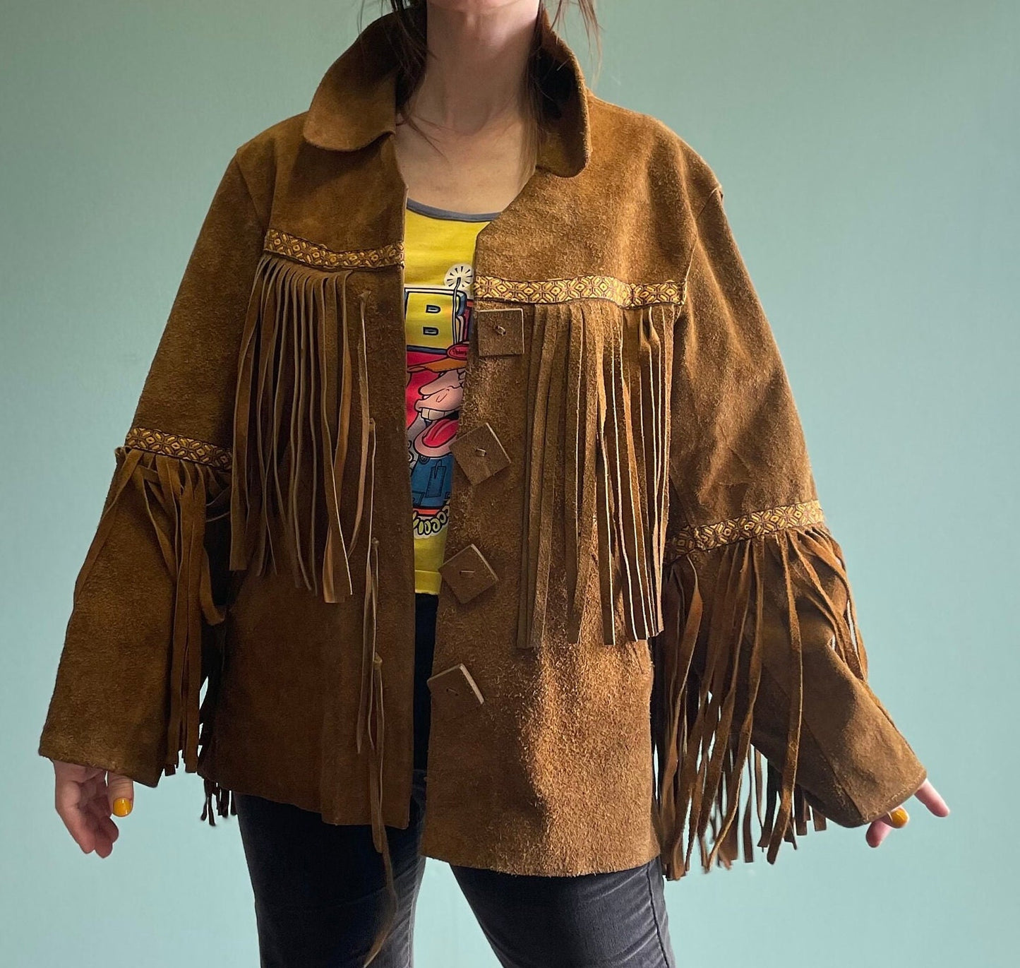 vtg 70s SUEDE FRINGE JACKET // vintage tapestry embroidered brown leather fringe hippie western boho davy crockett buckskin easy rider biker