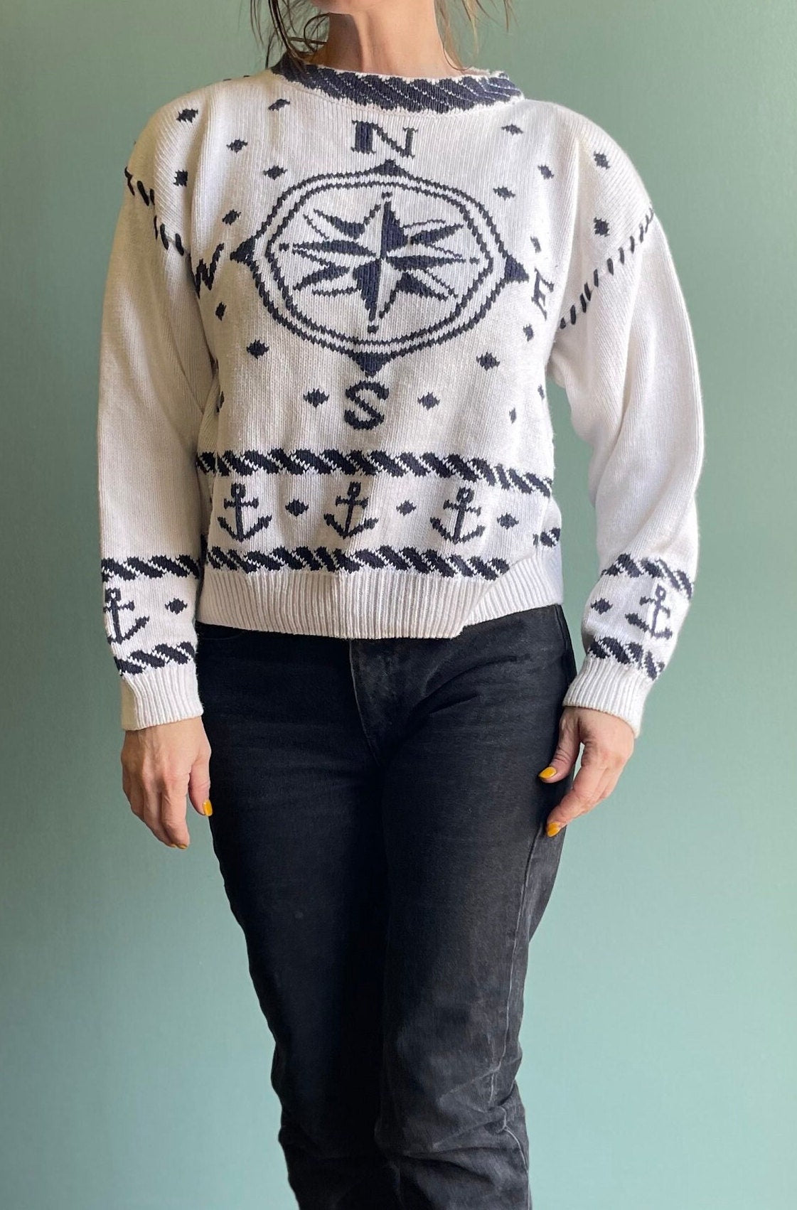 vtg 80s NAUTICAL SWEATER //  Ninon de lenclos navy compass sea ocean usn cute blue white print unisex femme style fit designer direction