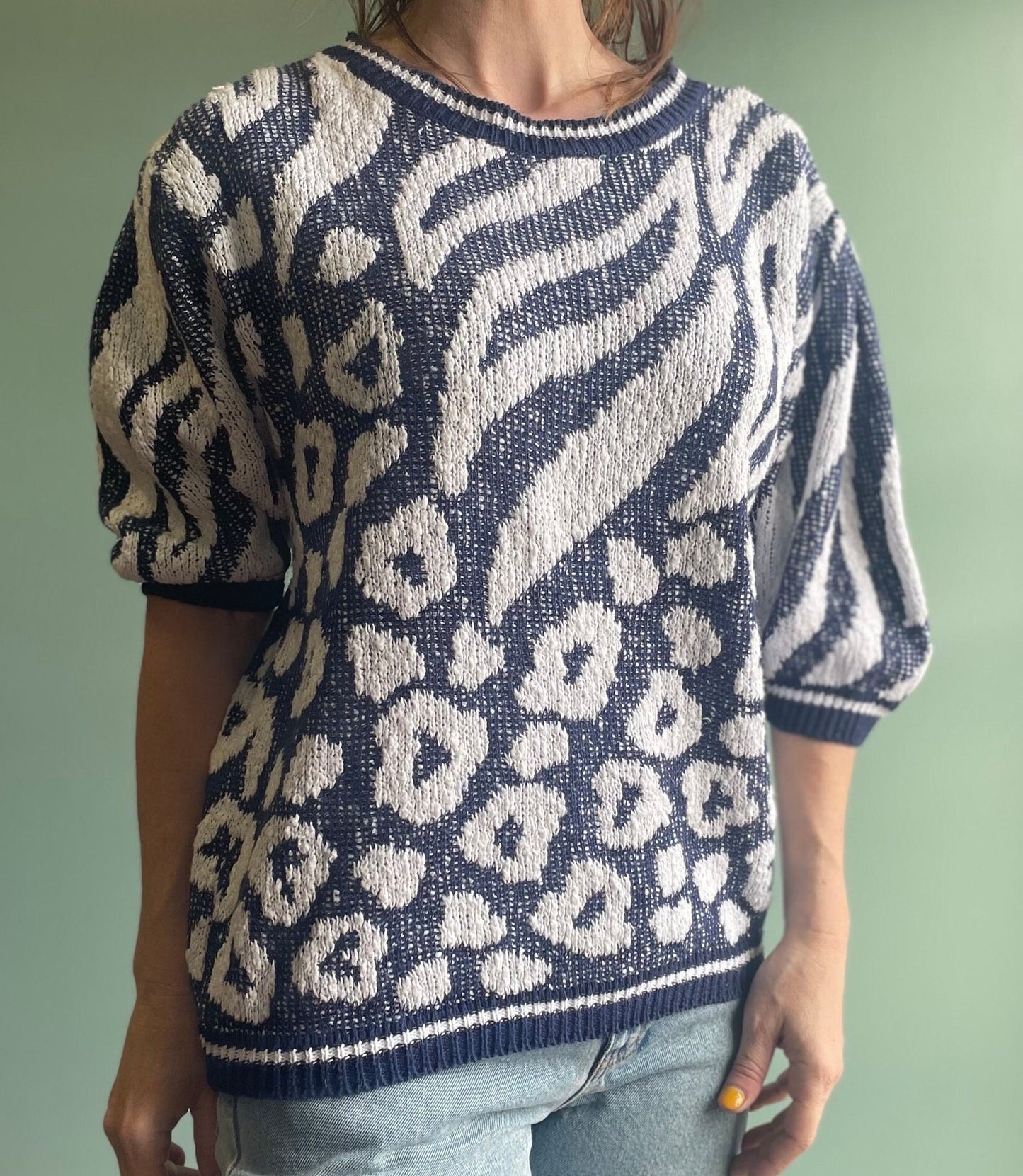 vtg 80s LEOPARD PRINT short sleeve SWEATER // Renee Tener Jeanne Pierre / 3D animal print shirt high society snob chettah cougar cat fight