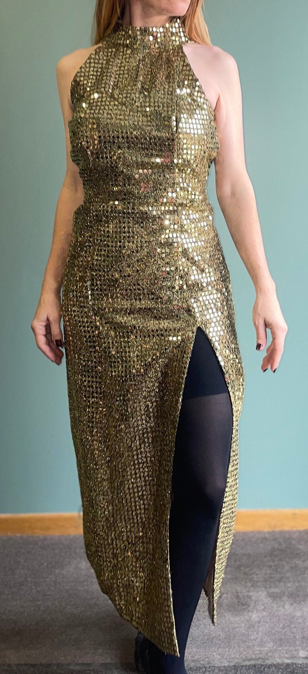 vtg 80s GOLD SEQUIN PARTY Dress // high slit evening dress sexy cocktail party dress gold sparkly halter mock neck sleeveless thigh slits