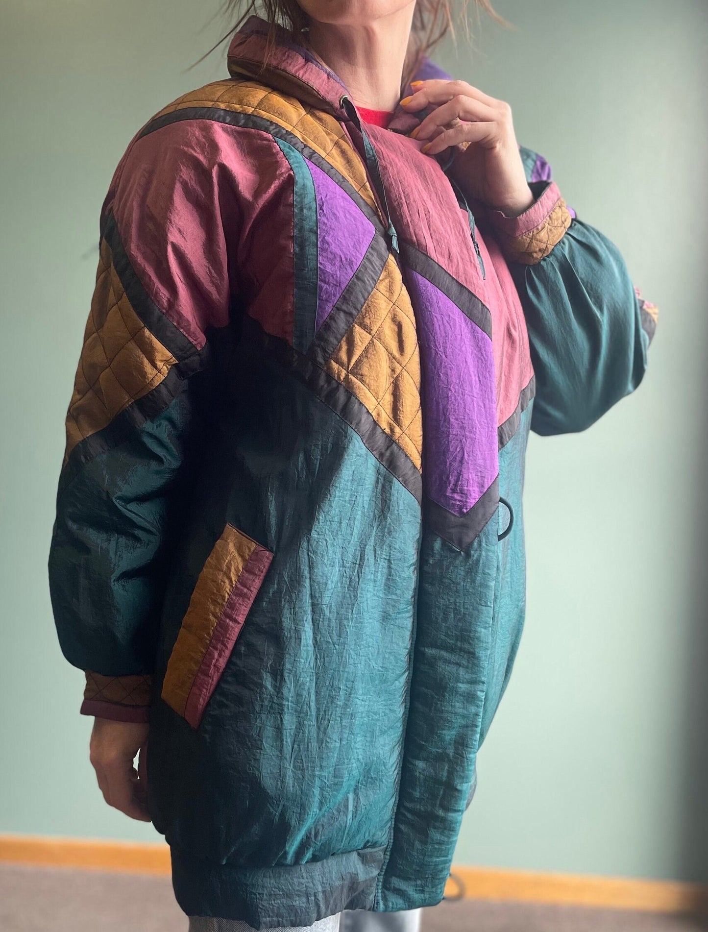 vtg 80s MULTICOLOR PUFFER JACKET //purple bold cafe 90s friends tv madonna color block style gold golden girls show fun costume era dress up