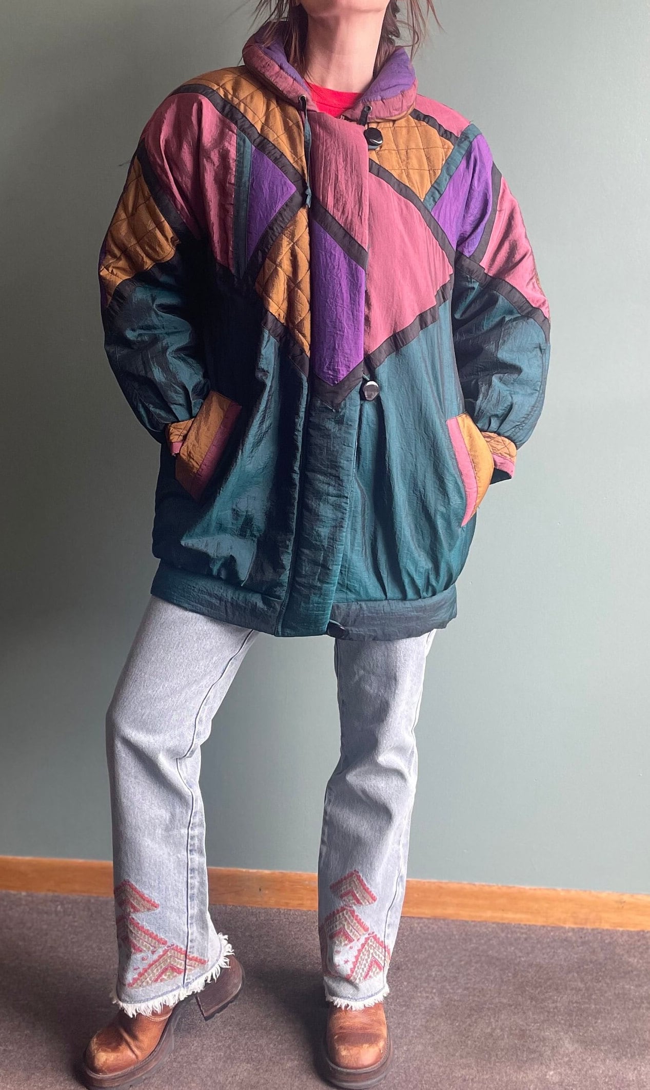 vtg 80s MULTICOLOR PUFFER JACKET //purple bold cafe 90s friends tv madonna color block style gold golden girls show fun costume era dress up