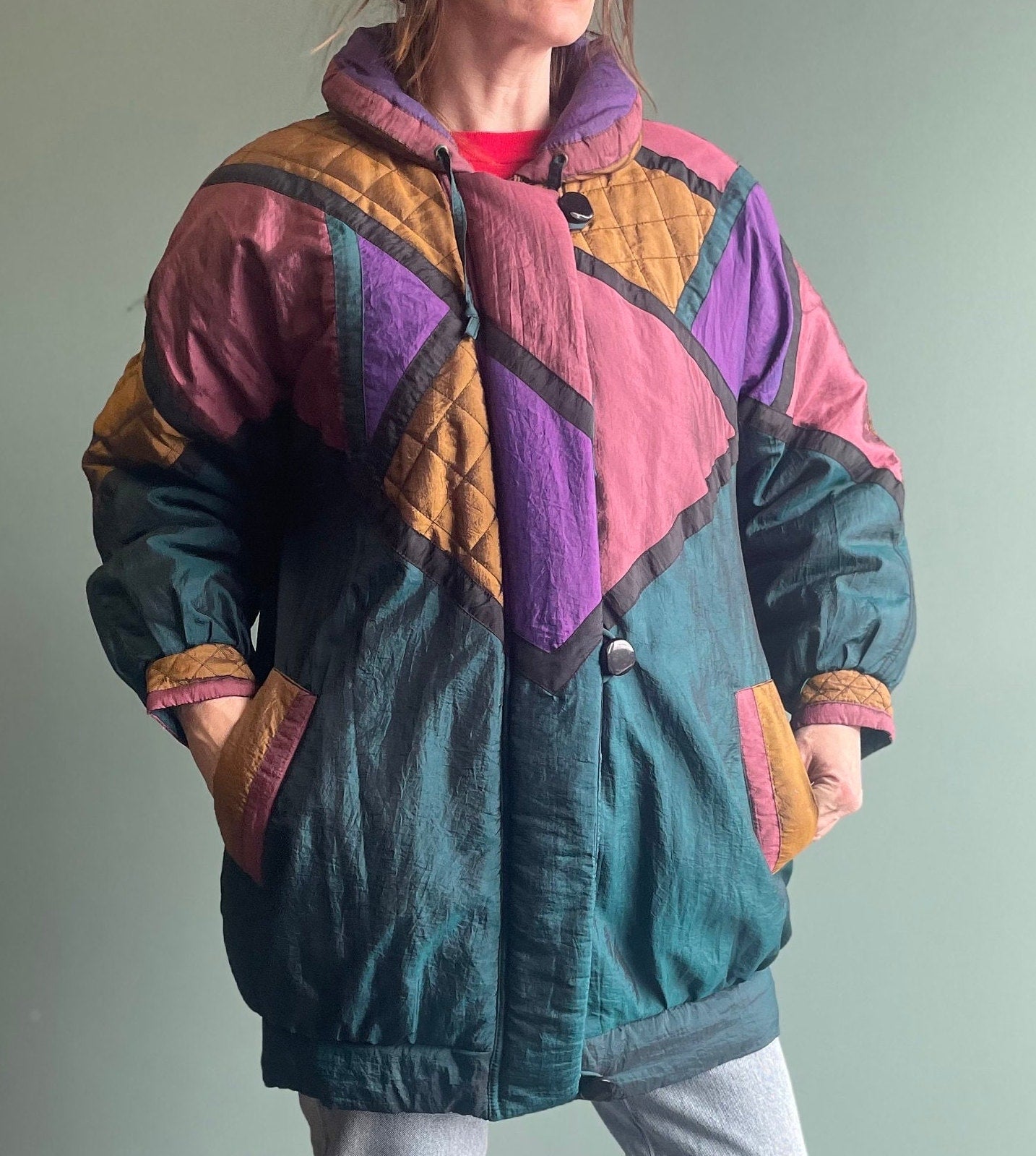 vtg 80s MULTICOLOR PUFFER JACKET //purple bold cafe 90s friends tv madonna color block style gold golden girls show fun costume era dress up