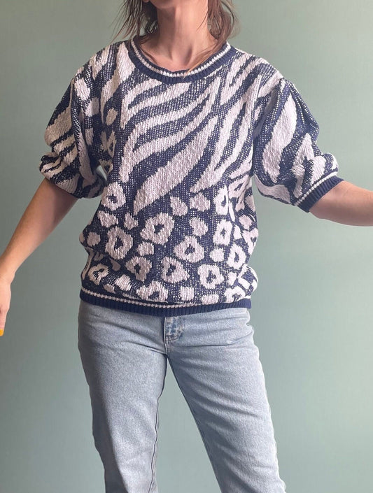 vtg 80s LEOPARD PRINT short sleeve SWEATER // Renee Tener Jeanne Pierre / 3D animal print shirt high society snob chettah cougar cat fight