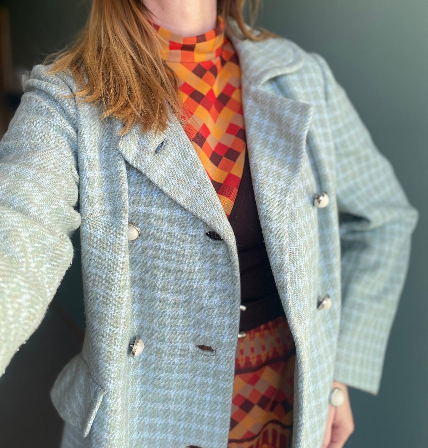 vtg 70s BLUE PLAID JACKET // butterfly pan collar long maxi coat  Lorendale mod peacoat Blair Waldorf preppy pastel blue checkered retro
