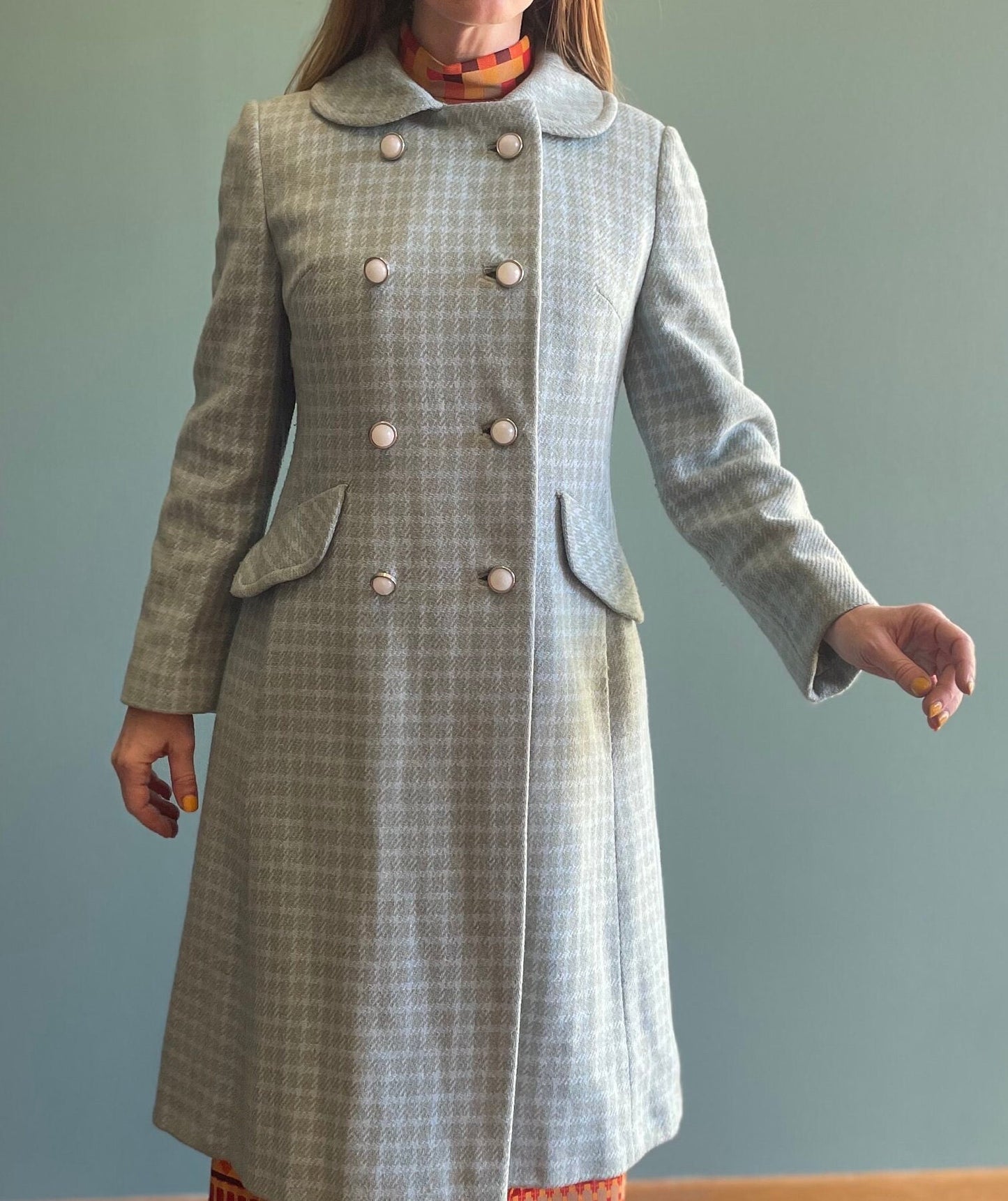 vtg 70s BLUE PLAID JACKET // butterfly pan collar long maxi coat  Lorendale mod peacoat Blair Waldorf preppy pastel blue checkered retro