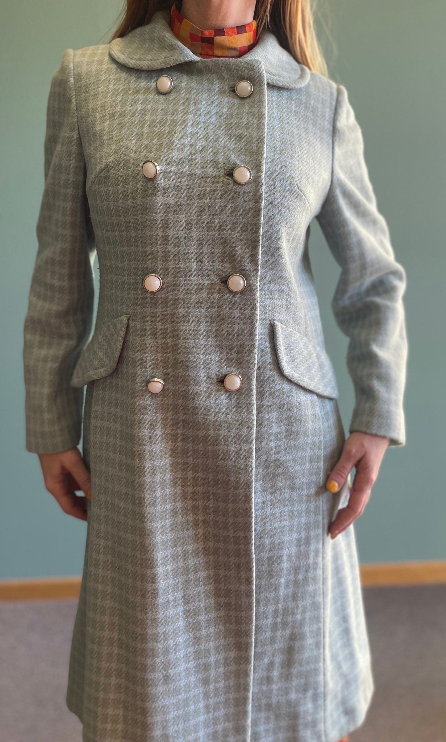vtg 70s BLUE PLAID JACKET // butterfly pan collar long maxi coat  Lorendale mod peacoat Blair Waldorf preppy pastel blue checkered retro