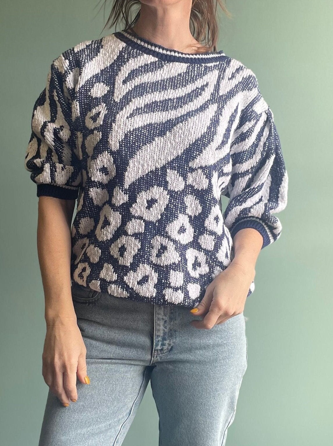 vtg 80s LEOPARD PRINT short sleeve SWEATER // Renee Tener Jeanne Pierre / 3D animal print shirt high society snob chettah cougar cat fight