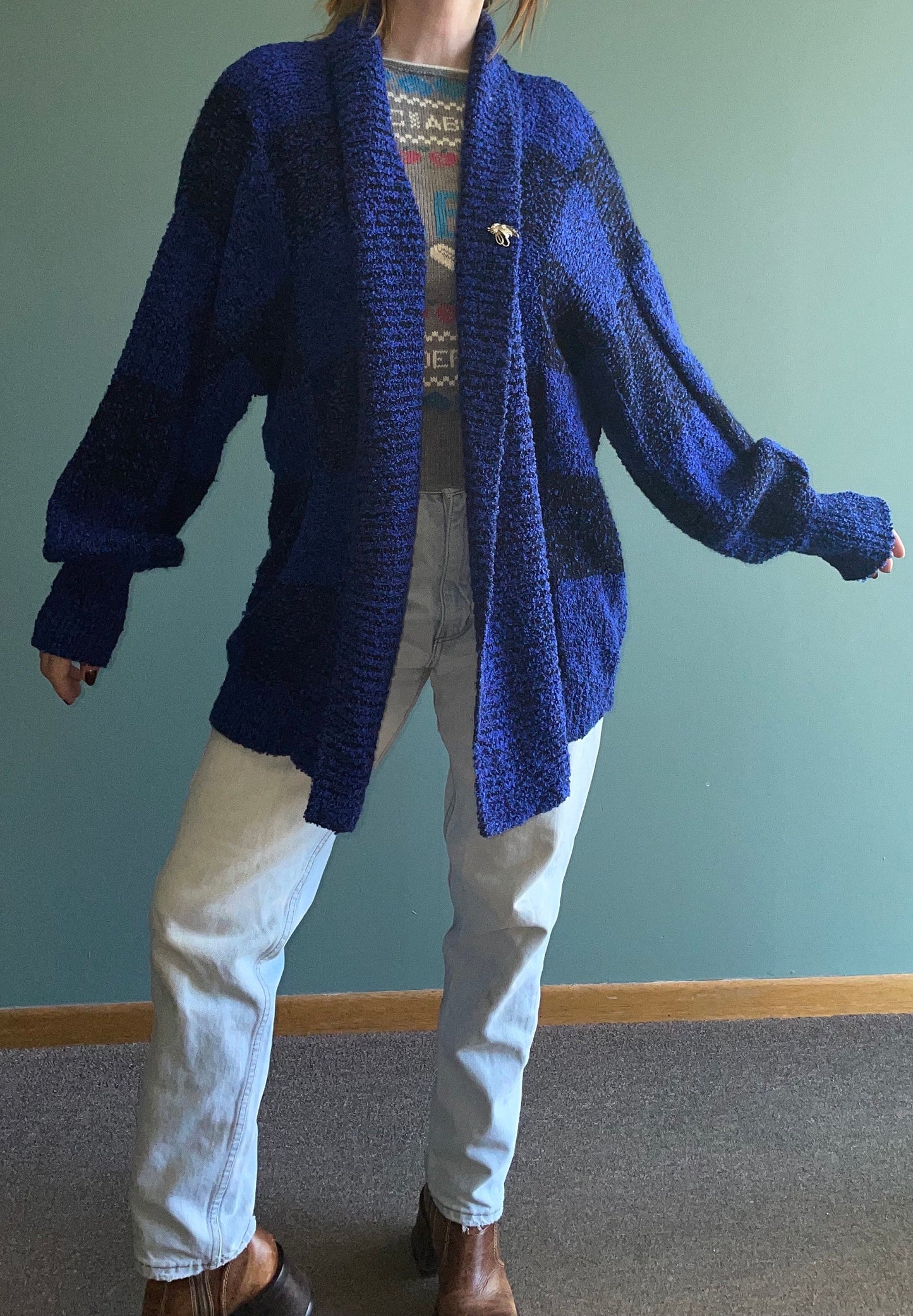 vtg 80s CHECKERED CARDIGAN // vintage slouchy flowy long sweater jacket bright funky black & blue geometric print baggy cozy office cover up