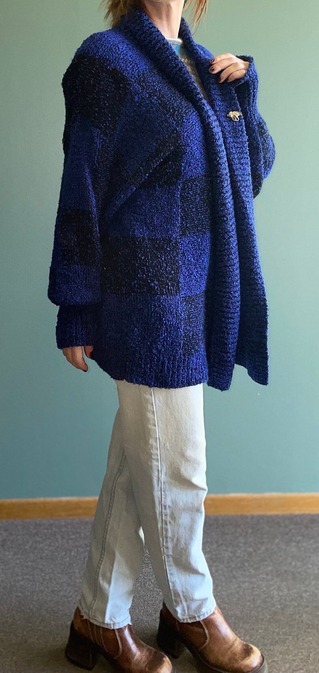 vtg 80s CHECKERED CARDIGAN // vintage slouchy flowy long sweater jacket bright funky black & blue geometric print baggy cozy office cover up