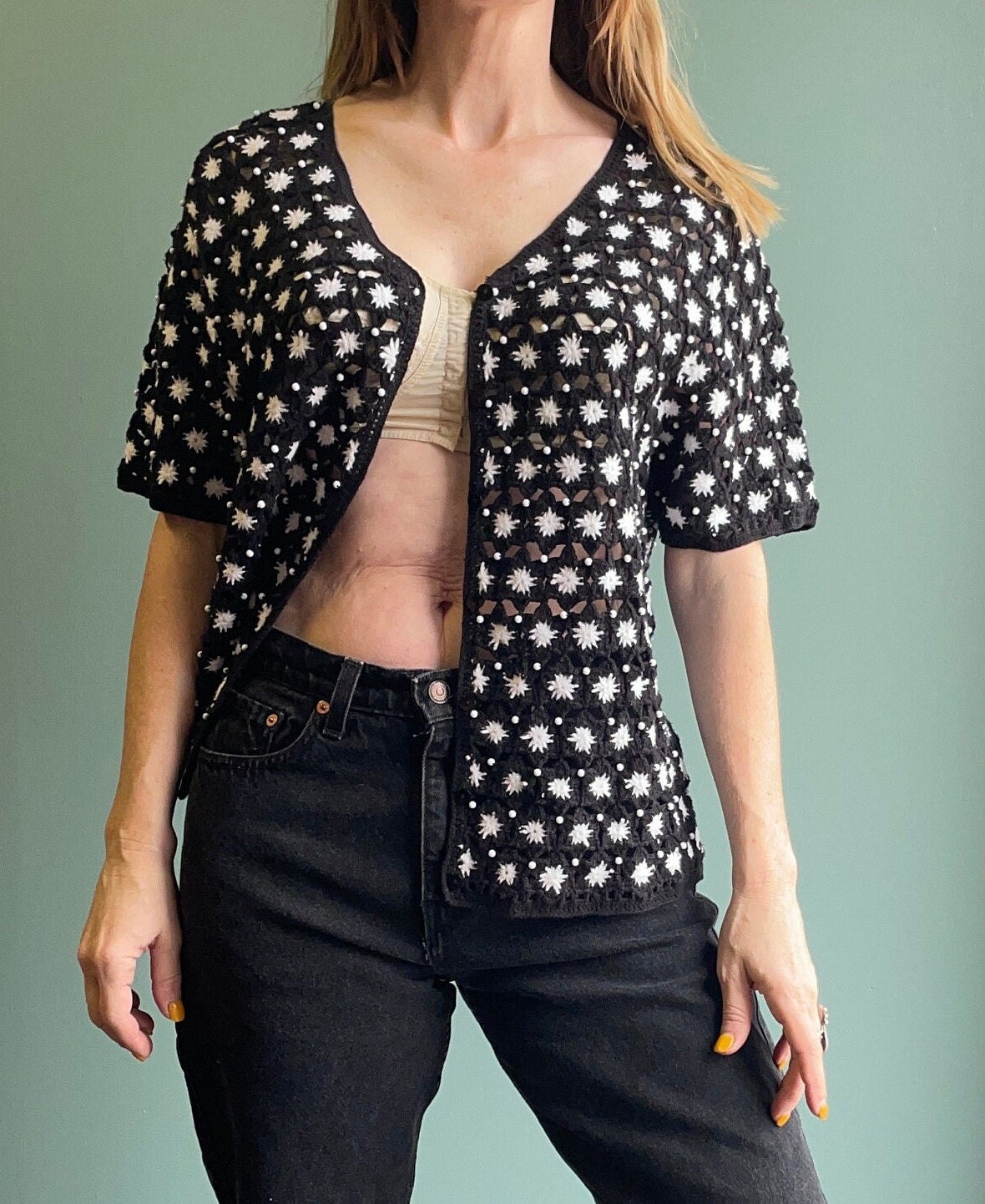 vtg 90s CROCHET light SWEATER Top // hand knit button up dainty short sleeve cardigan knit flowers sheer see through fall autumn layering