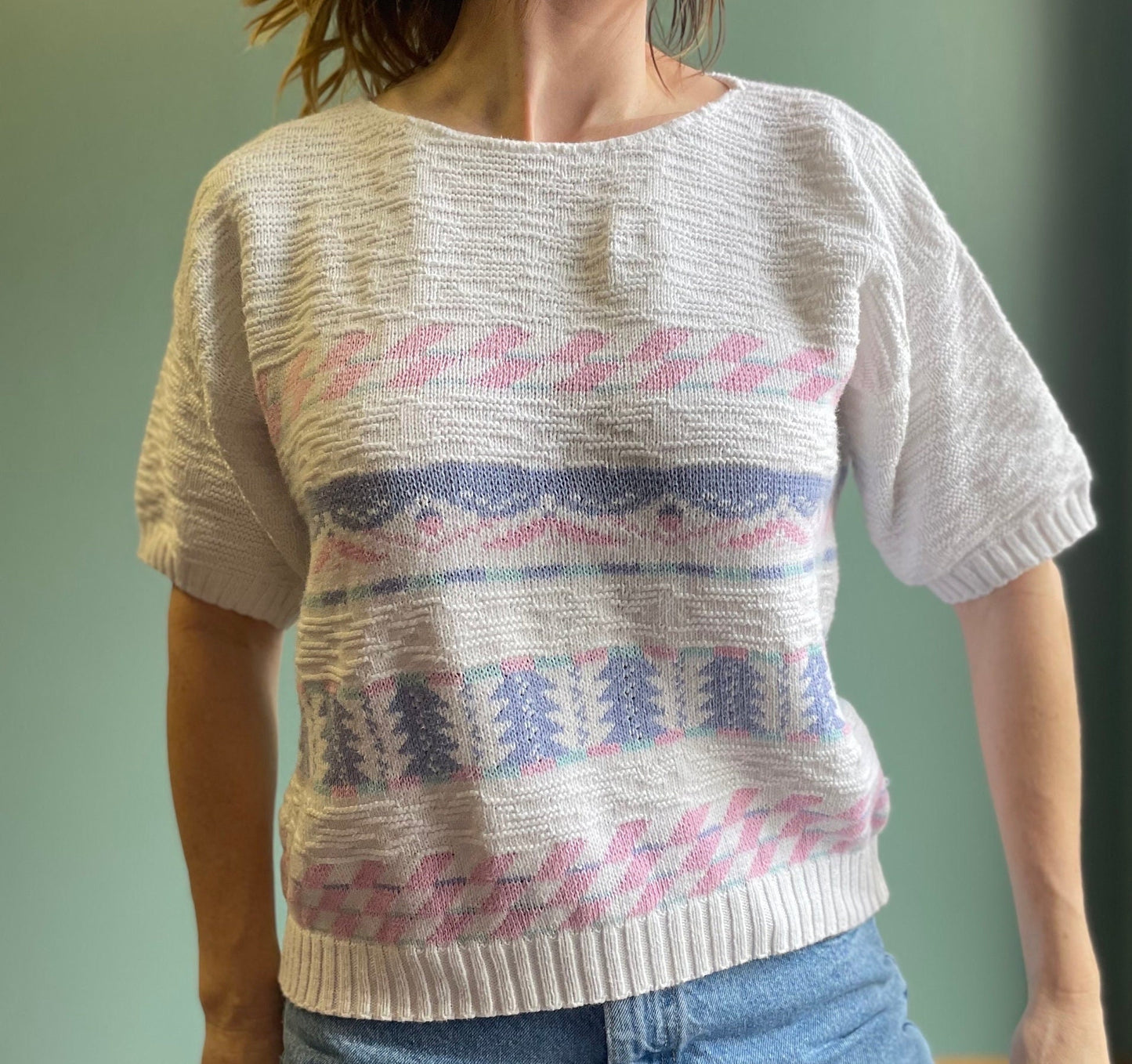 vtg 80s PASTEL CROPPED SWEATER // bobbie brooks cotton patterned sweater cute 3D knit abstract print baggy top fairy pink purple white