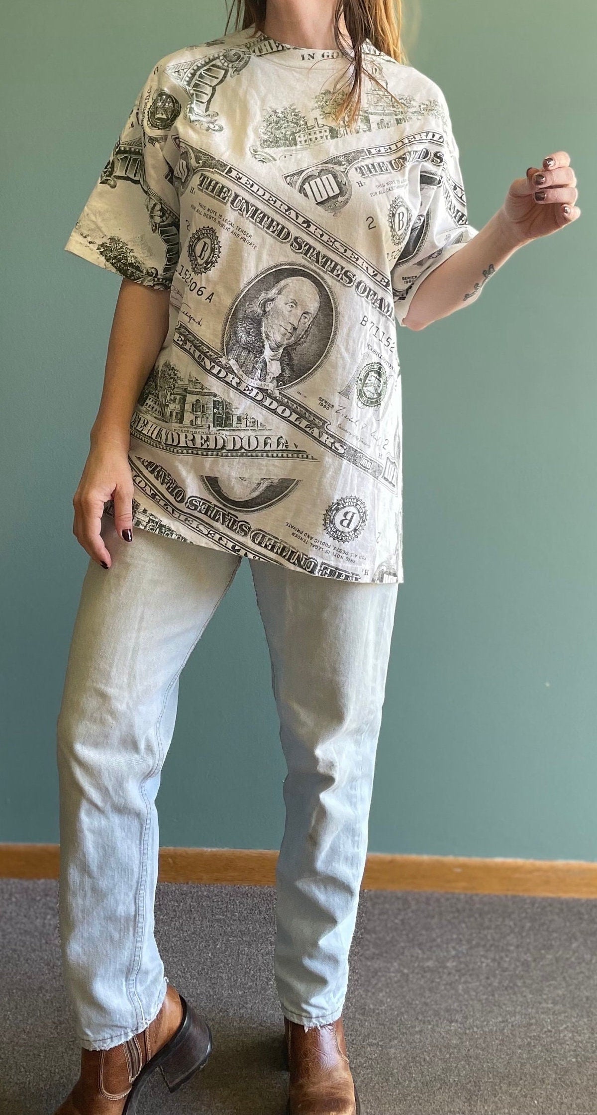 vtg 90s MONEY CASH hype SHIRT // vintage hundred dollars series benjamin franklin big face print baggy oversized all over print rich baller