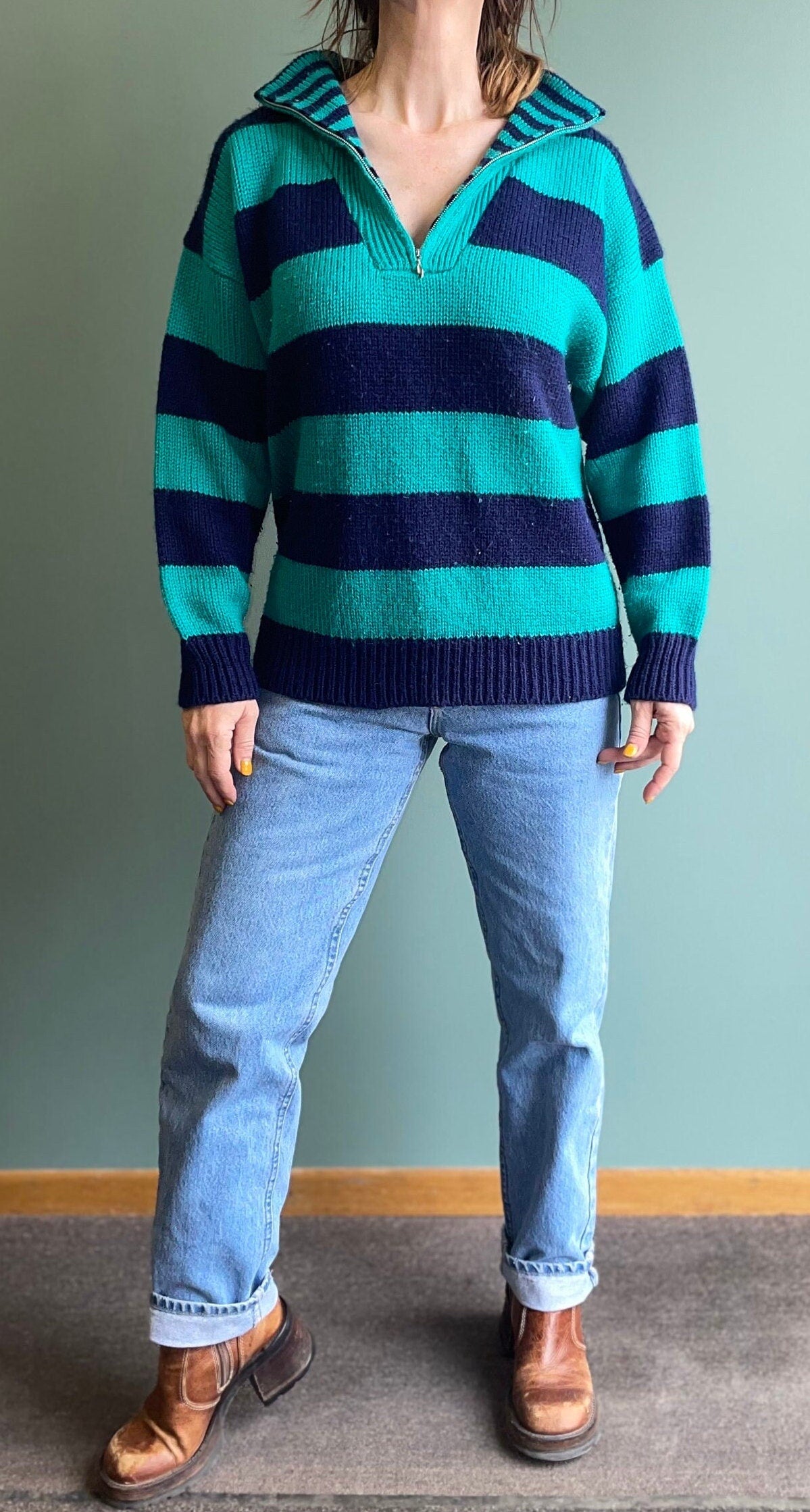 vtg 80s TEAL & BLACK V Neck Sweater // zip up shawl collar bright blue knit jumper collared top chunky thick beetlejuice freddy krueger fall