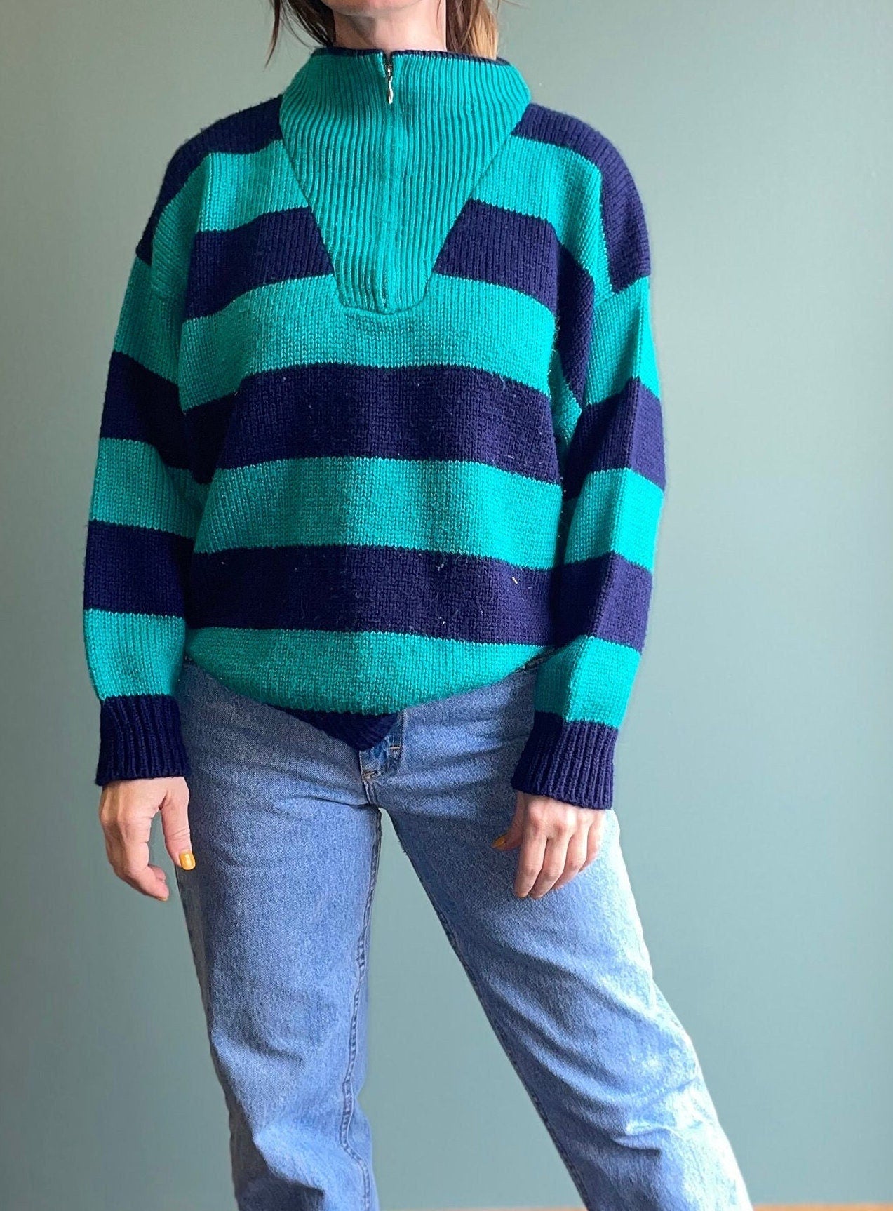 vtg 80s TEAL & BLACK V Neck Sweater // zip up shawl collar bright blue knit jumper collared top chunky thick beetlejuice freddy krueger fall