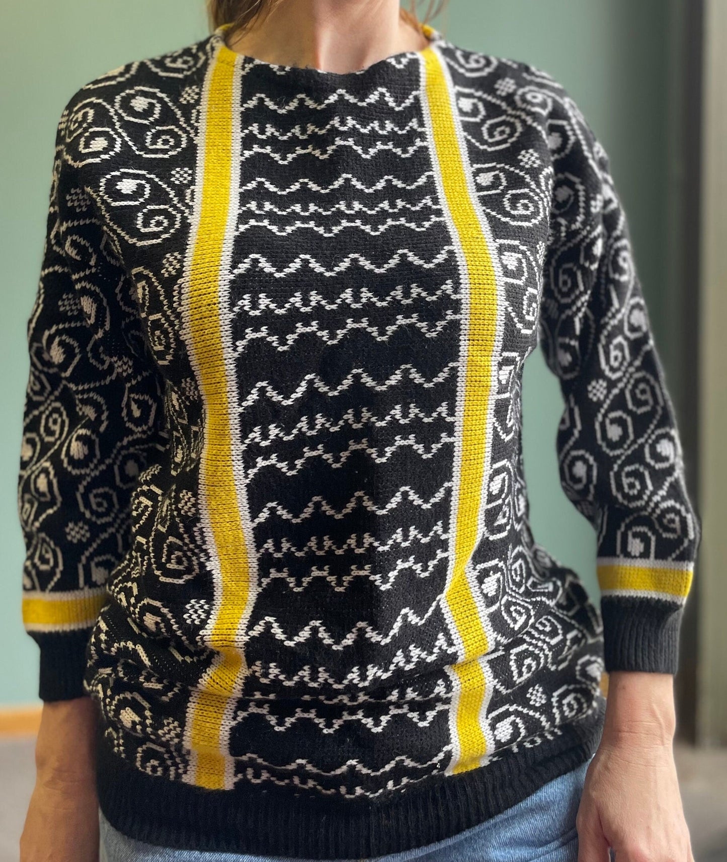 vtg 80s YELLOW STRIPED SWEATER // long sweater dress funky knit dress black & yellow abstract chunky bright fun winter autumn cozy oversized