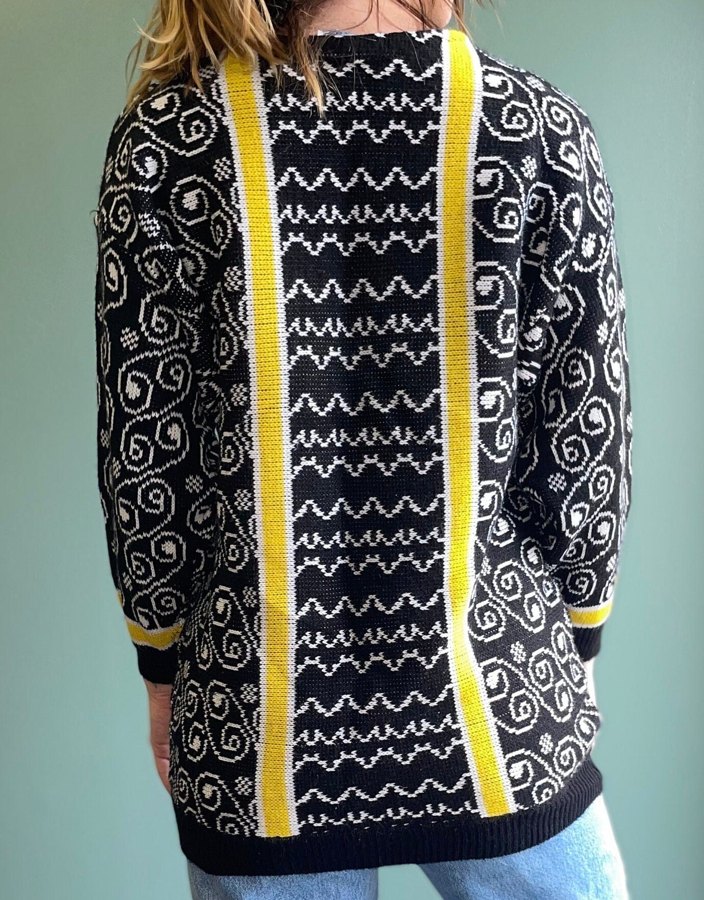 vtg 80s YELLOW STRIPED SWEATER // long sweater dress funky knit dress black & yellow abstract chunky bright fun winter autumn cozy oversized