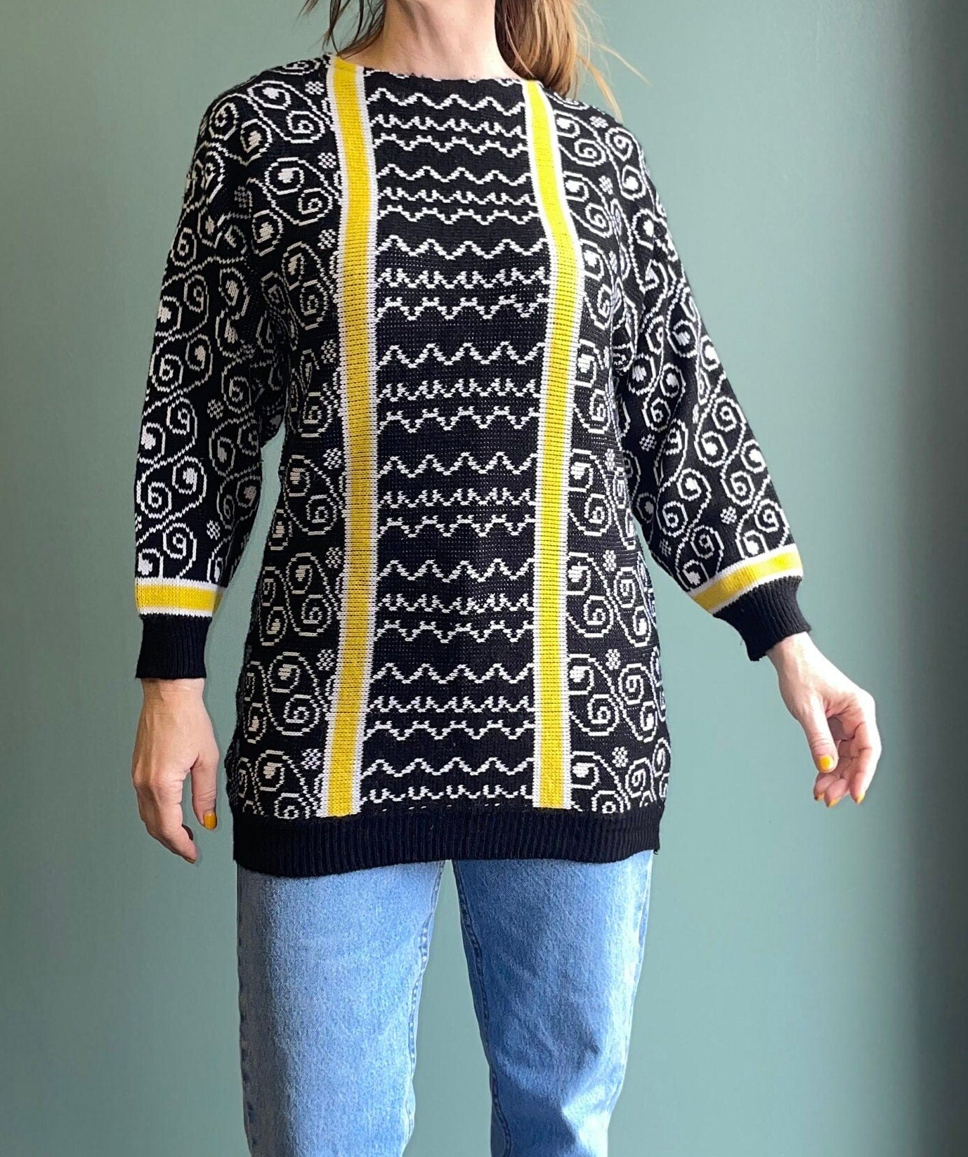 vtg 80s YELLOW STRIPED SWEATER // long sweater dress funky knit dress black & yellow abstract chunky bright fun winter autumn cozy oversized