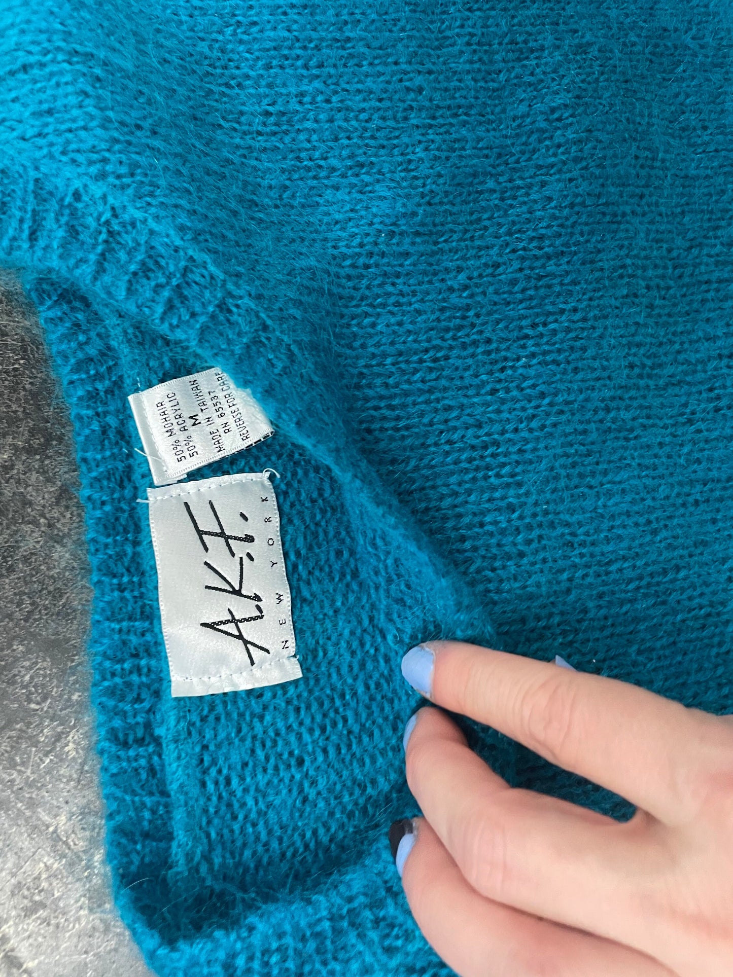 vtg 80s TEAL MOHAIR SWEATER // A.K.F. new york bright blue fuzzy knit long slouchy cozy casual solid long sleeve flowy autumn fashion retro