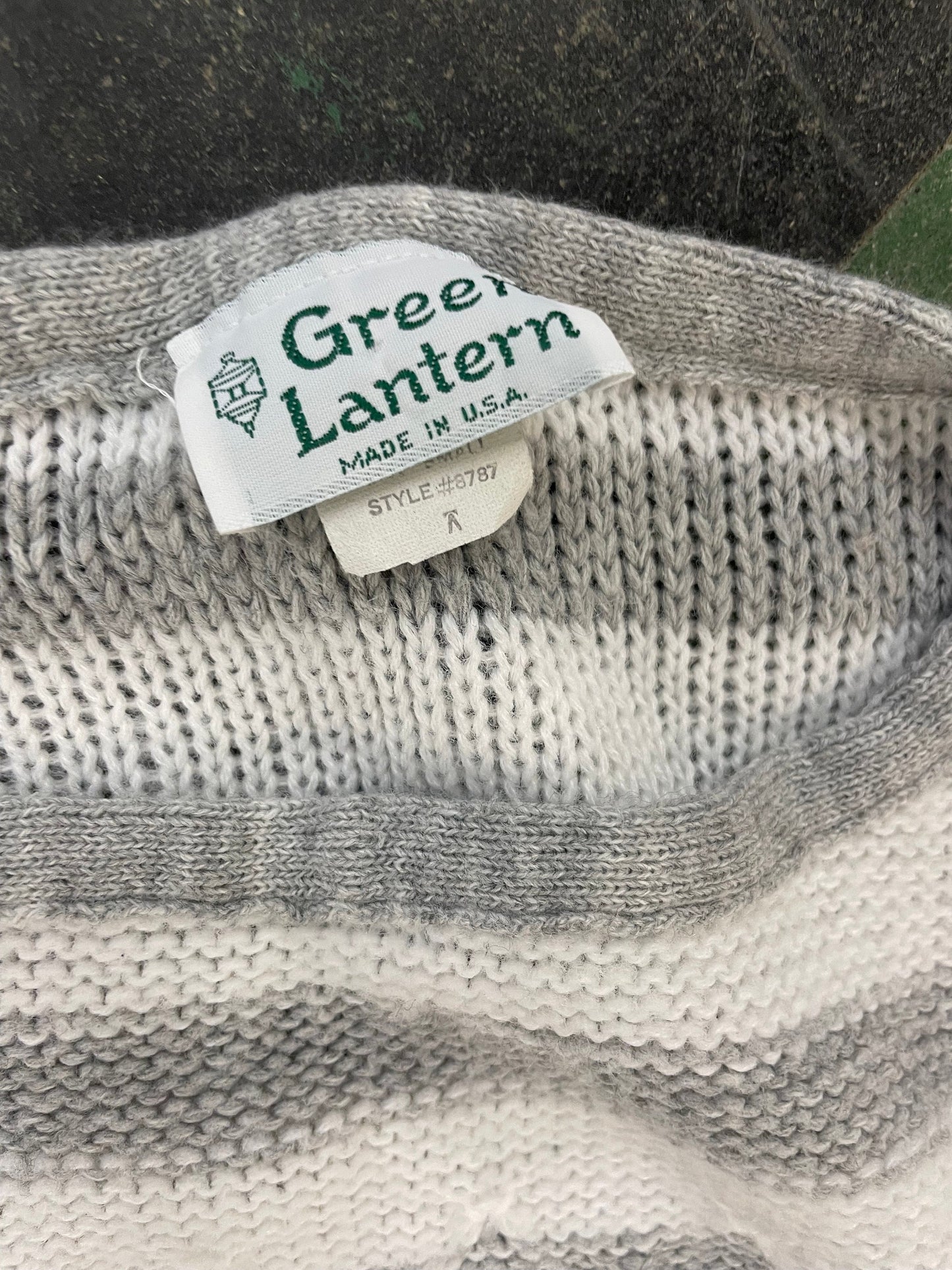 vtg 80s PUFFED SLEEVE SWEATER // vintage textured cropped fit top pastel grey & white striped jumper green lantern 90s cute neutral two tone
