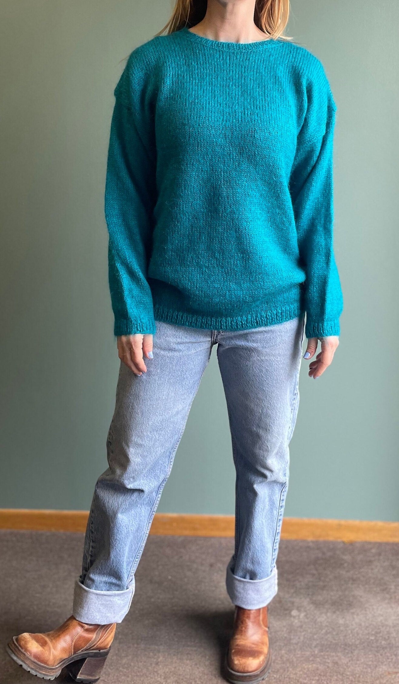 vtg 80s TEAL MOHAIR SWEATER // A.K.F. new york bright blue fuzzy knit long slouchy cozy casual solid long sleeve flowy autumn fashion retro