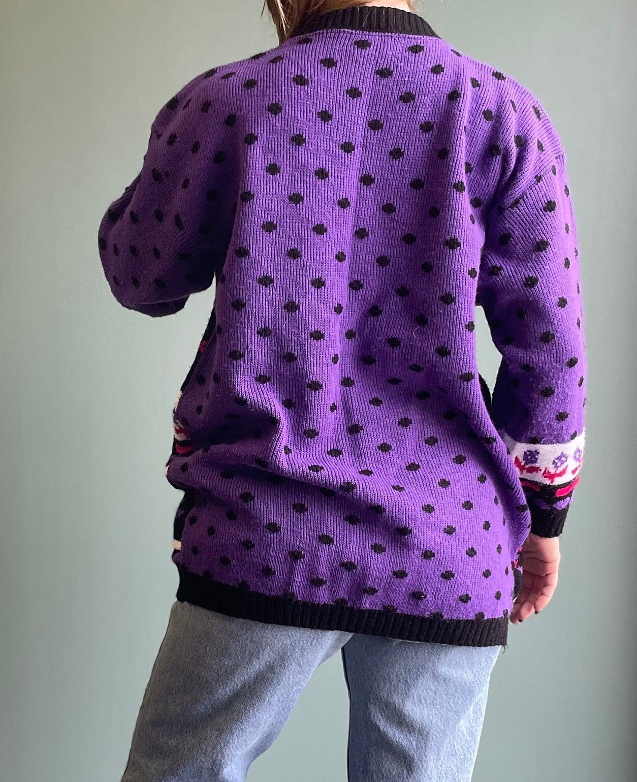 vtg 80s STRIPED POLKA DOT Sweater // vintage purple & black long patterned sweater new addition 90s bright funky maternity oversized bright