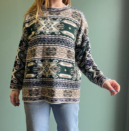 vtg 80s LONG ABSTRACT SWEATER // vintage wide waist fit knit earth tones neutral colors maternity top geometric pattern knit comfy casual
