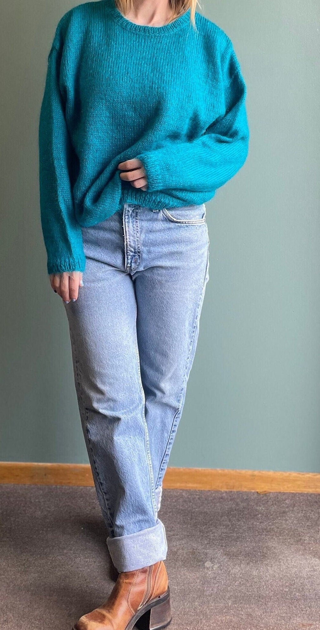 vtg 80s TEAL MOHAIR SWEATER // A.K.F. new york bright blue fuzzy knit long slouchy cozy casual solid long sleeve flowy autumn fashion retro