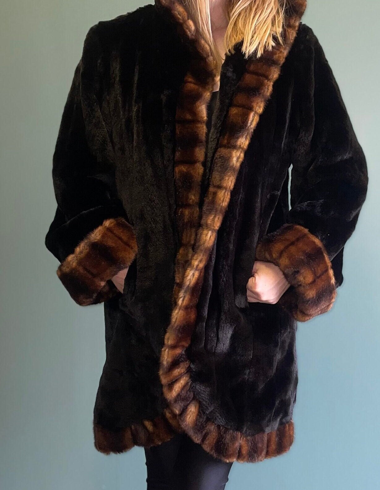 vtg 90s FAUX FUR COAT // 90s Y2k black & brown fur penny lane shearling style faux mink fancy warm winter overcoat striped comfy slouchy
